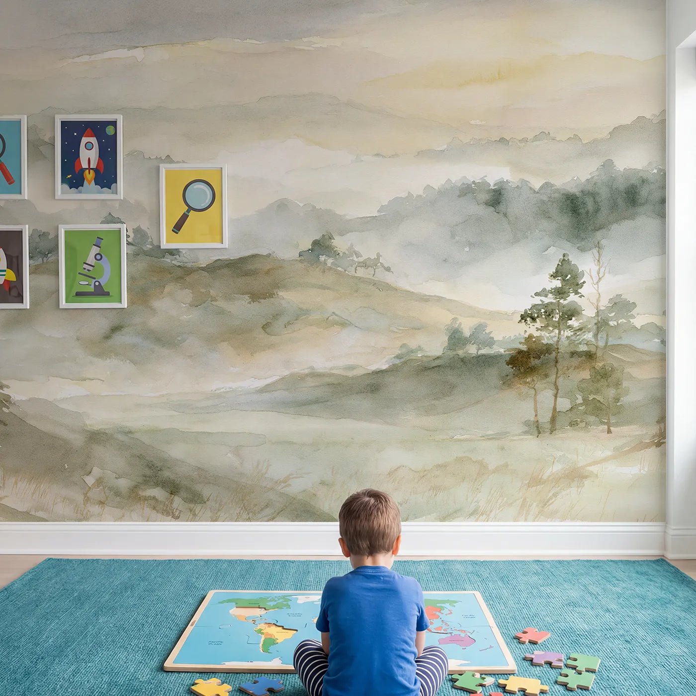 Child in nursery with Rolling Mist Hills Wallpaper Mural by Whimsy Tots