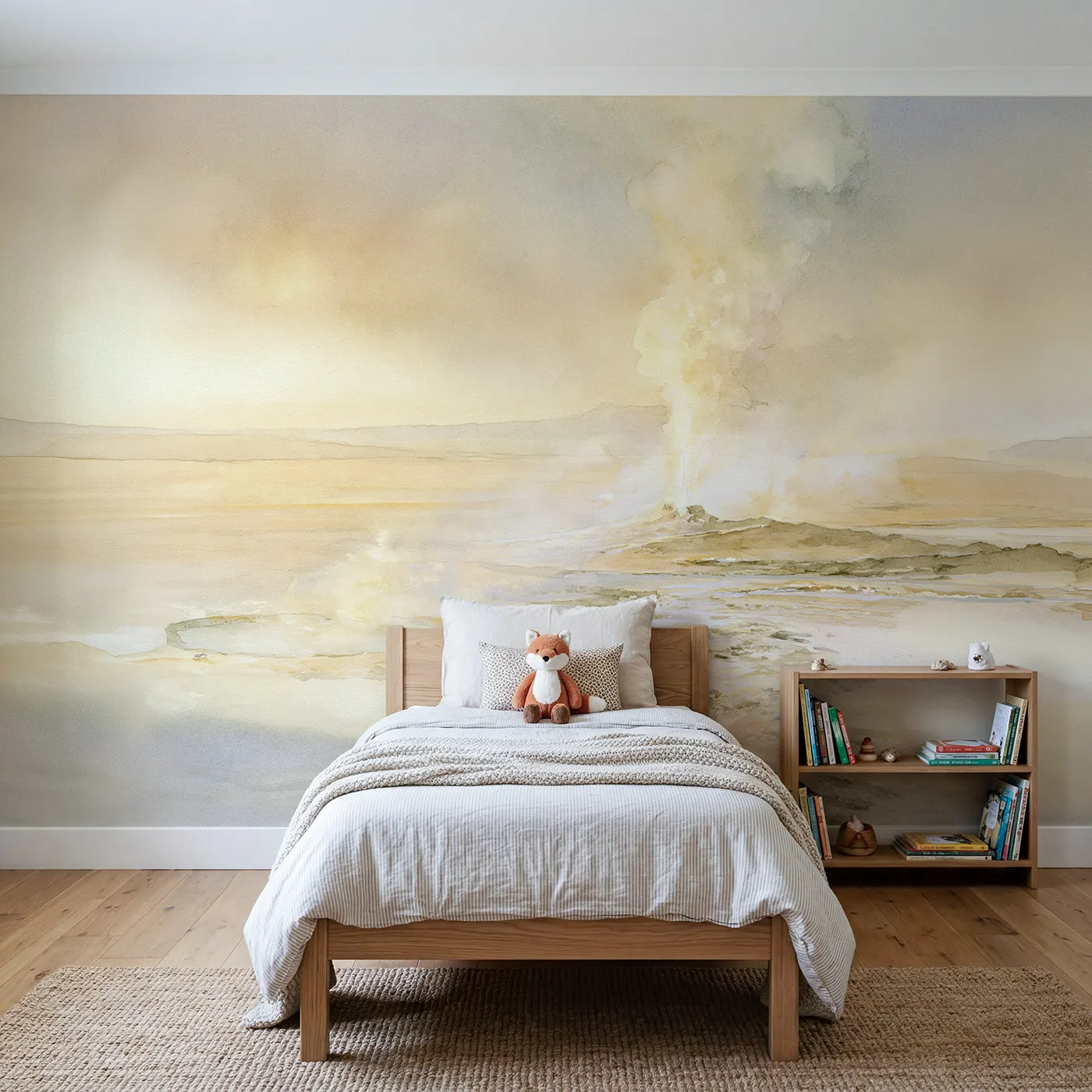 Watercolor wall mural of a gentle geyser plume by Whimsy Tots