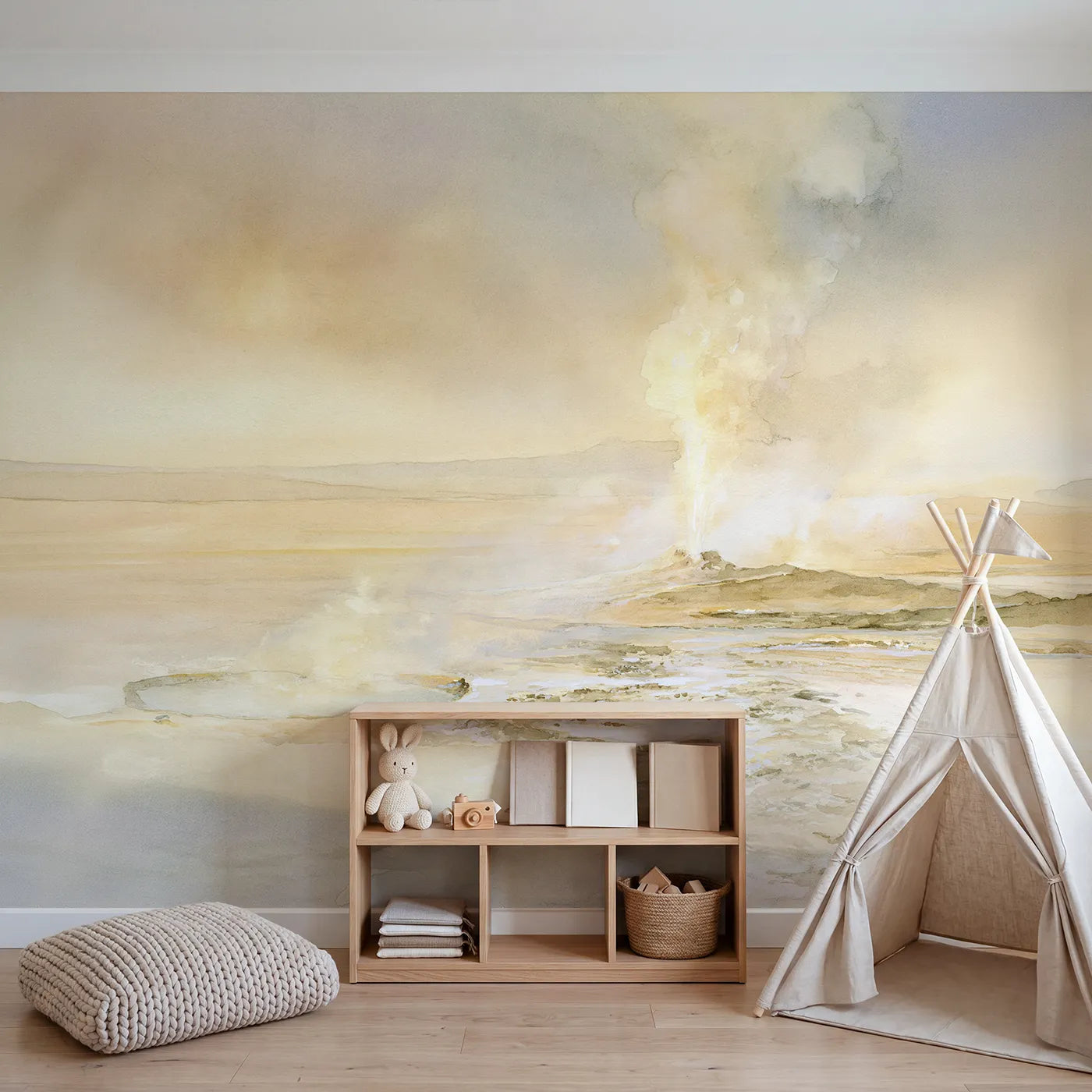 Geyser Steam Plain Wallpaper Mural in playroom setting by Whimsy Tots