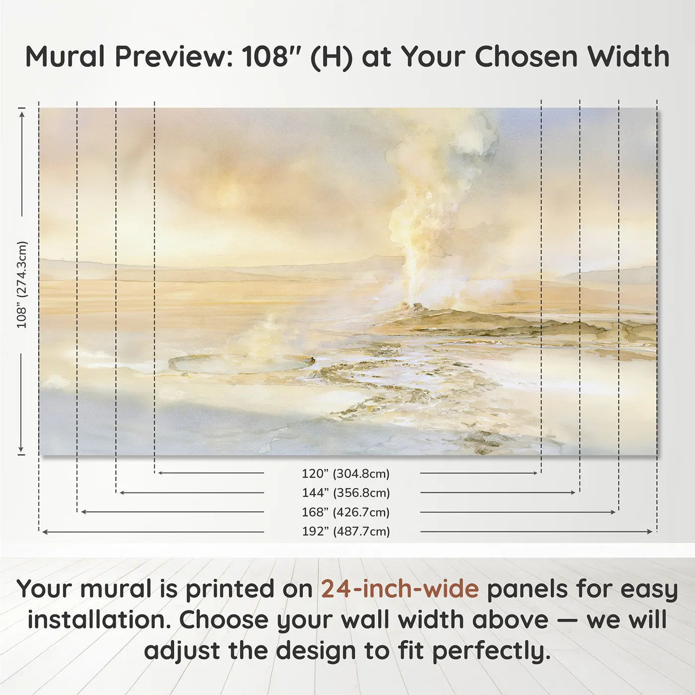 Panel layout and dimensions for Geyser Steam Plain Wallpaper Mural by Whimsy Tots