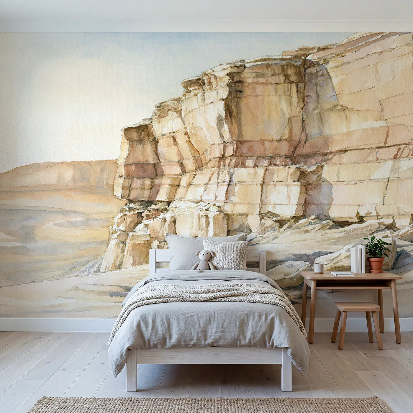 Watercolor wall mural of striated canyon layers by Whimsy Tots