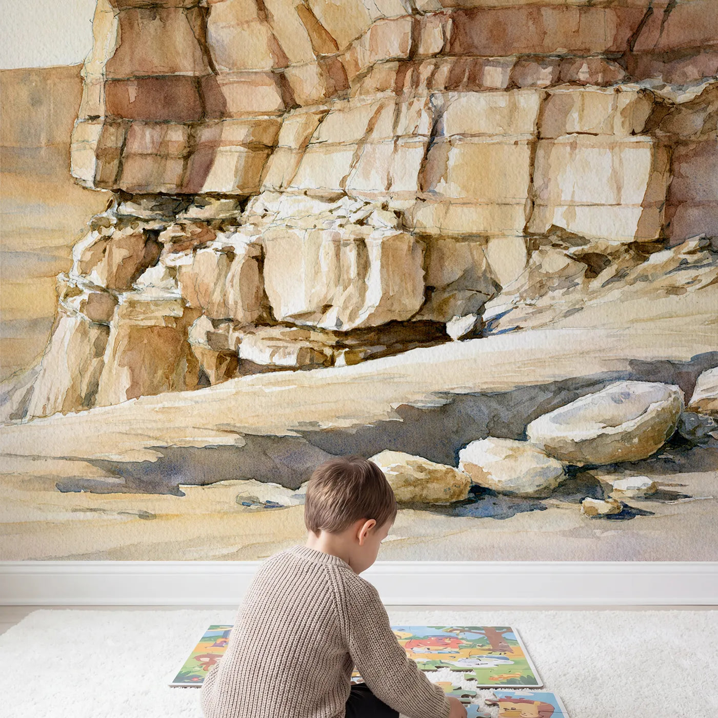 Child in nursery with Canyon Layers Study Wallpaper Mural by Whimsy Tots