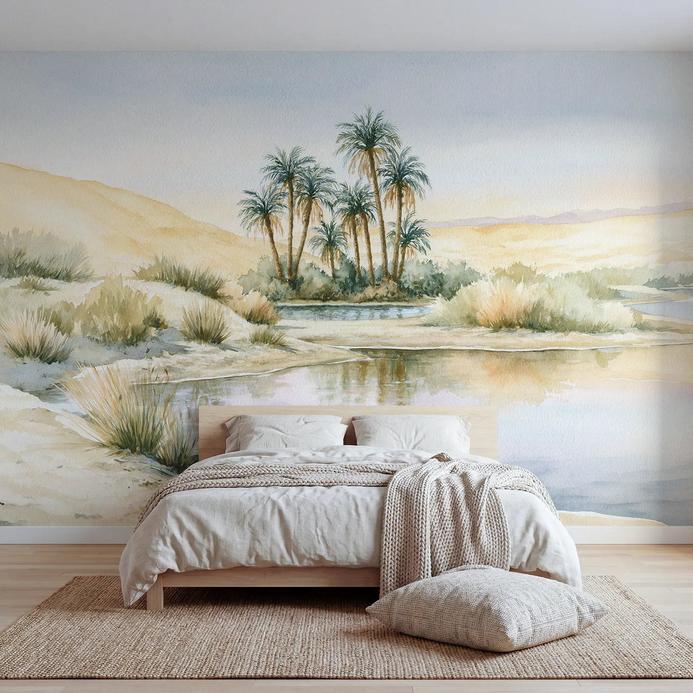 Watercolor wall mural of a desert oasis and palms by Whimsy Tots