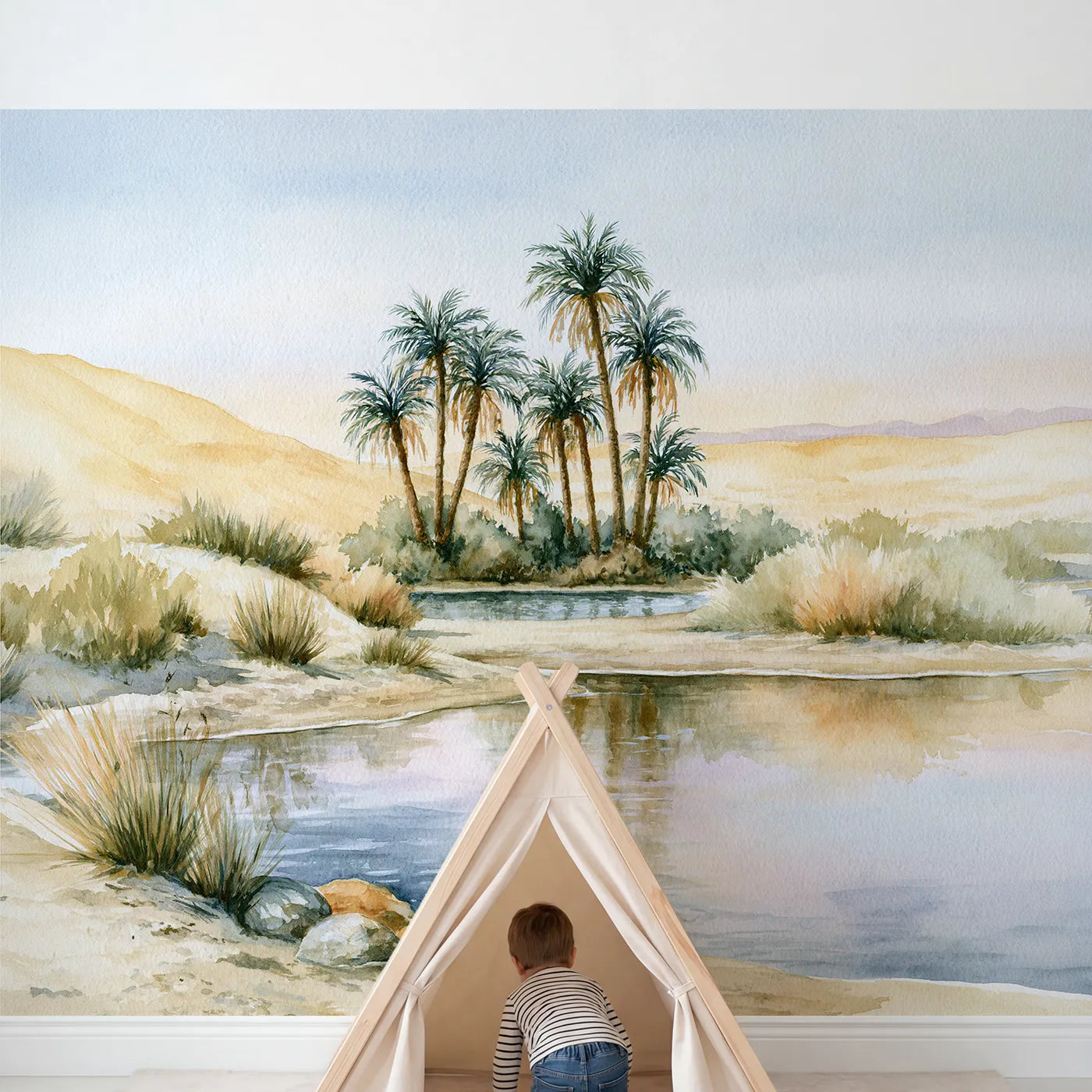 Child in nursery with Desert Oasis Palms Wallpaper Mural by Whimsy Tots