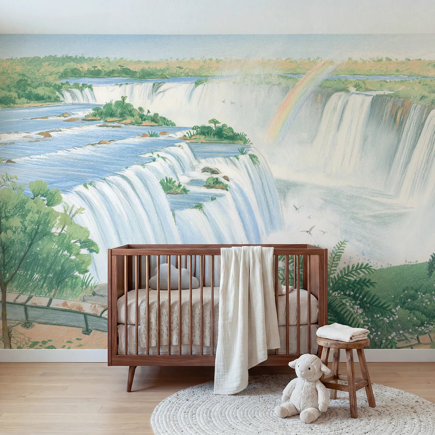 Colored Pencil tiered waterfalls with a rainbow in the mist, mural for a kids room by Whimsy Tots