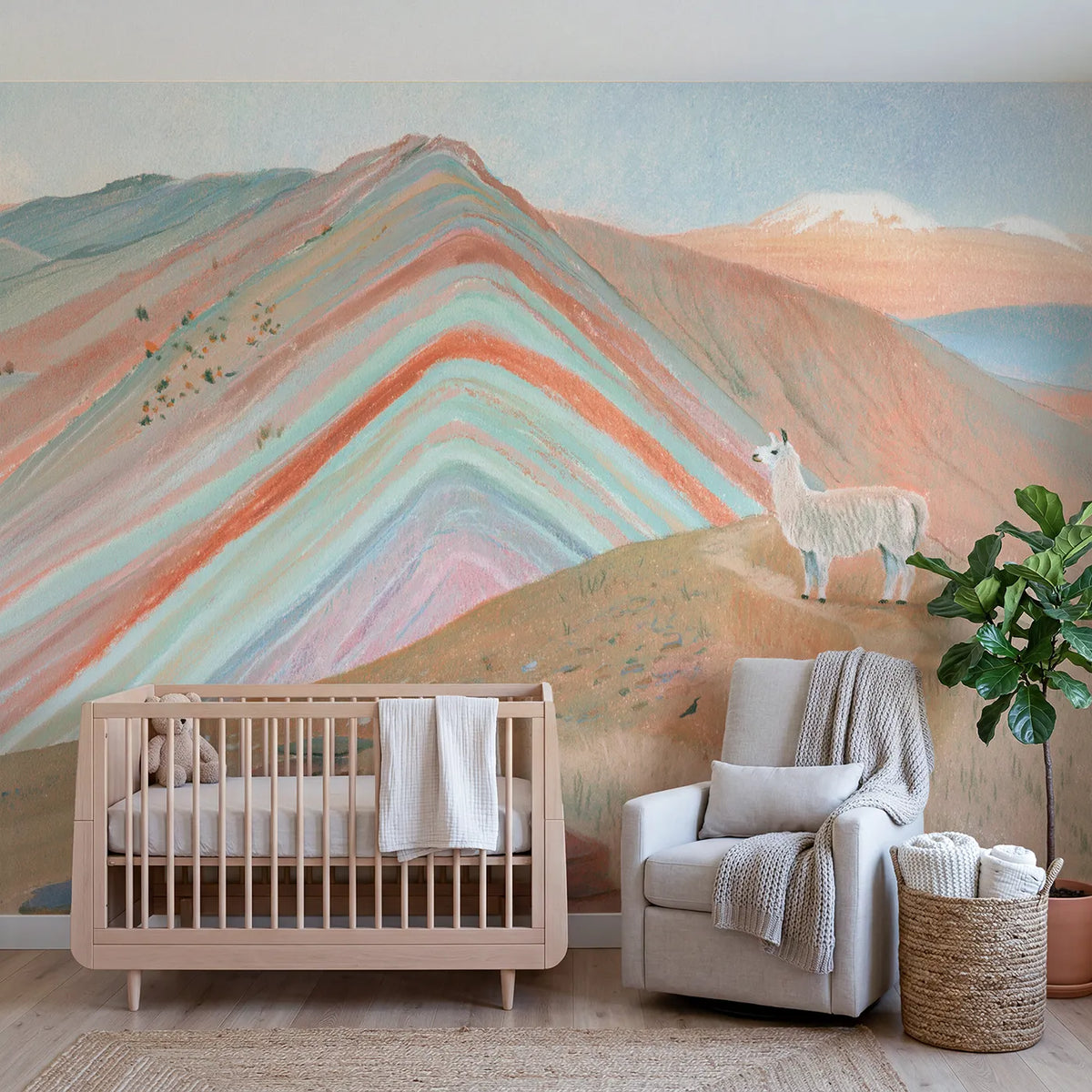 Colored Pencil striped rainbow mountain with a grazing llama, mural for a bedroom by Whimsy Tots