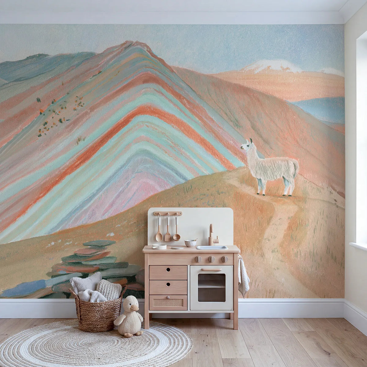 The Rainbow Mountain Wallpaper Mural in playroom setting by Whimsy Tots