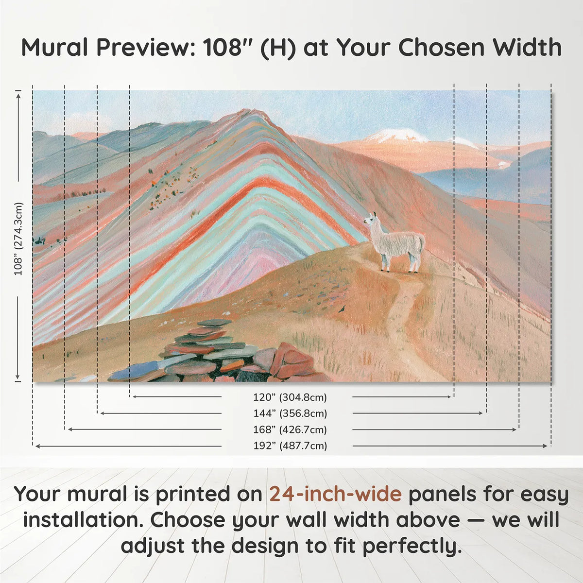 Panel layout and dimensions for The Rainbow Mountain Wallpaper Mural by Whimsy Tots