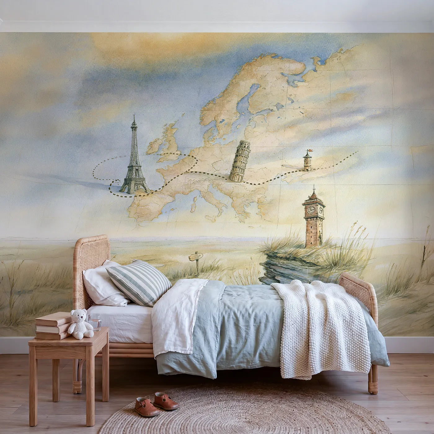 Watercolor wall mural of a Europe wonders map by Whimsy Tots