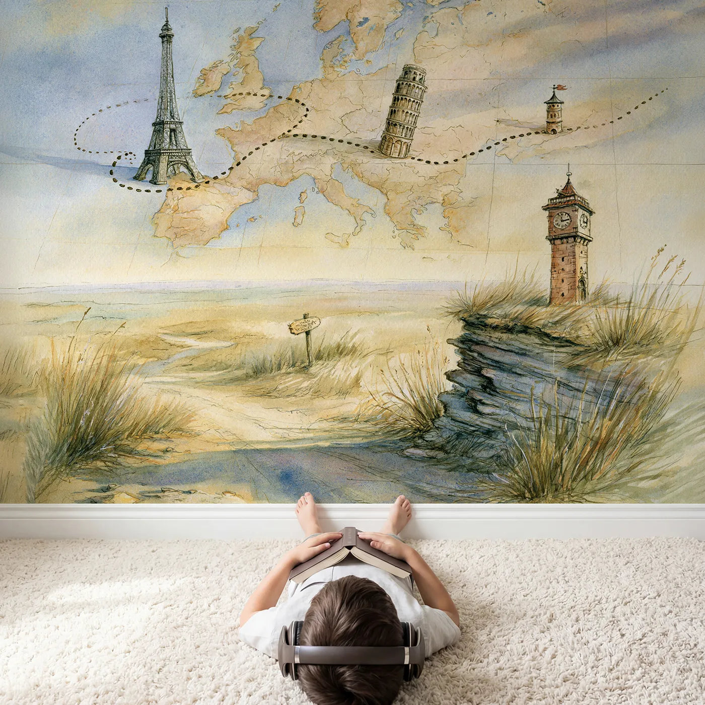 Child in nursery with Wonders of Europe Map Wallpaper Mural by Whimsy Tots