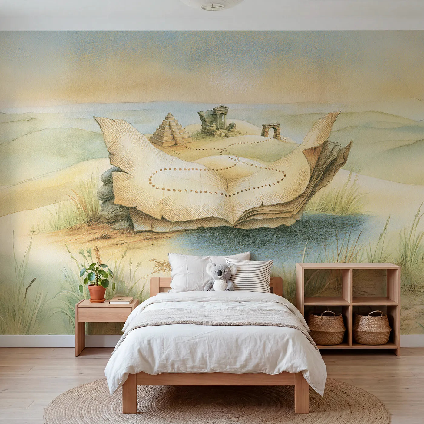 Watercolor wall mural of an ancient wonders map by Whimsy Tots