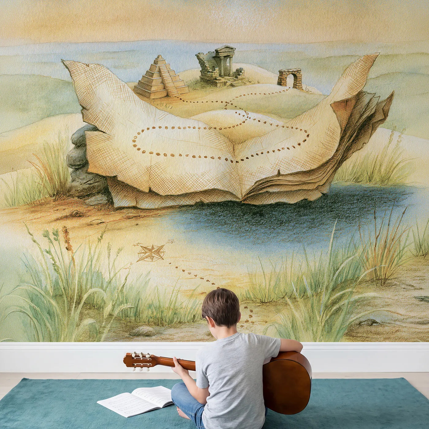 Child in nursery with Ancient Wonders Map Wallpaper Mural by Whimsy Tots