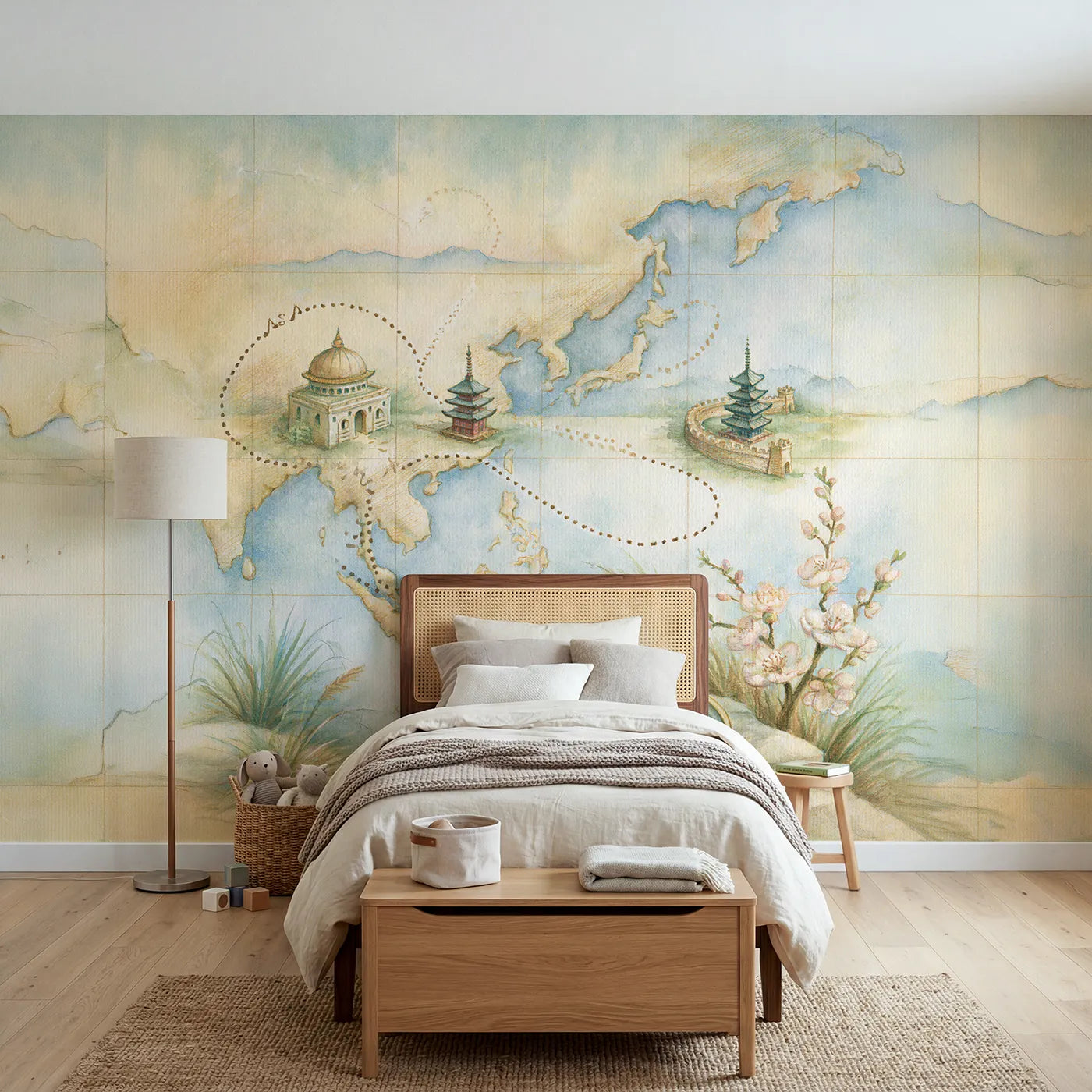 Watercolor wall mural of an Asia wonders map by Whimsy Tots