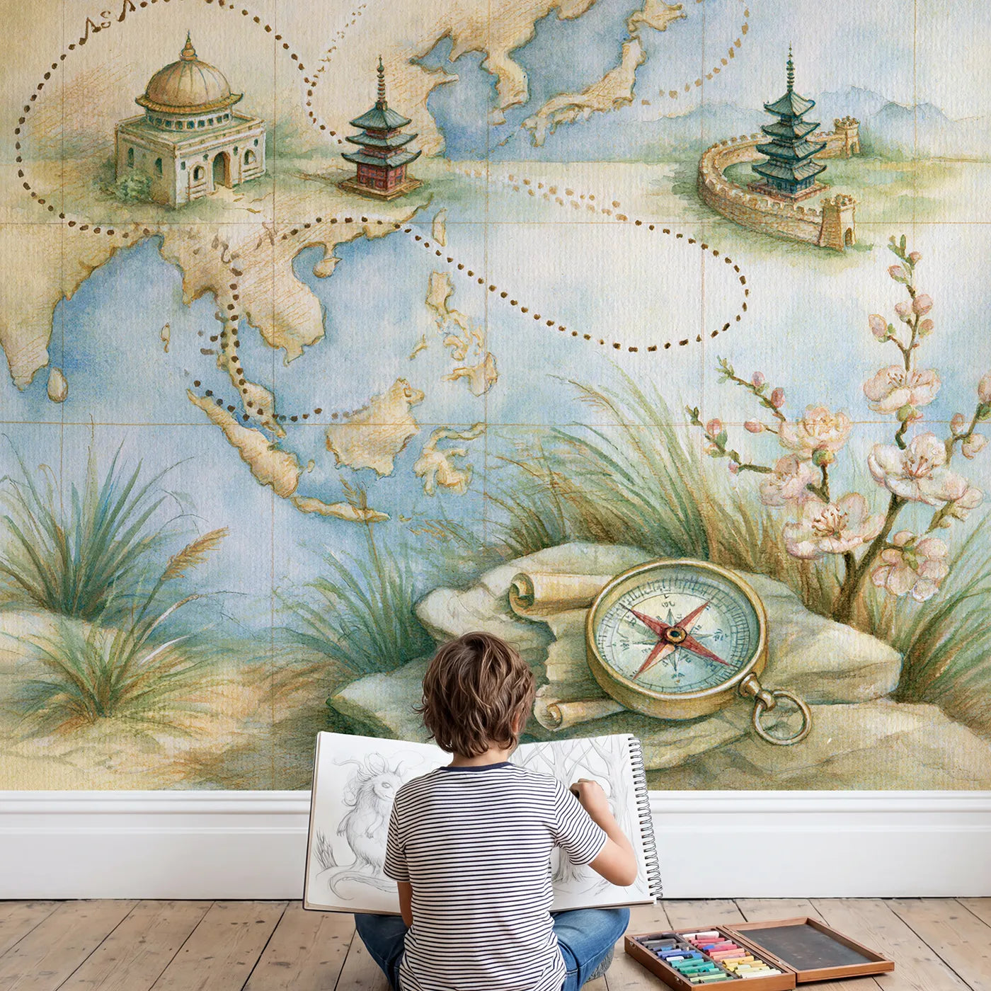 Child in nursery with Wonders of Asia Map Wallpaper Mural by Whimsy Tots