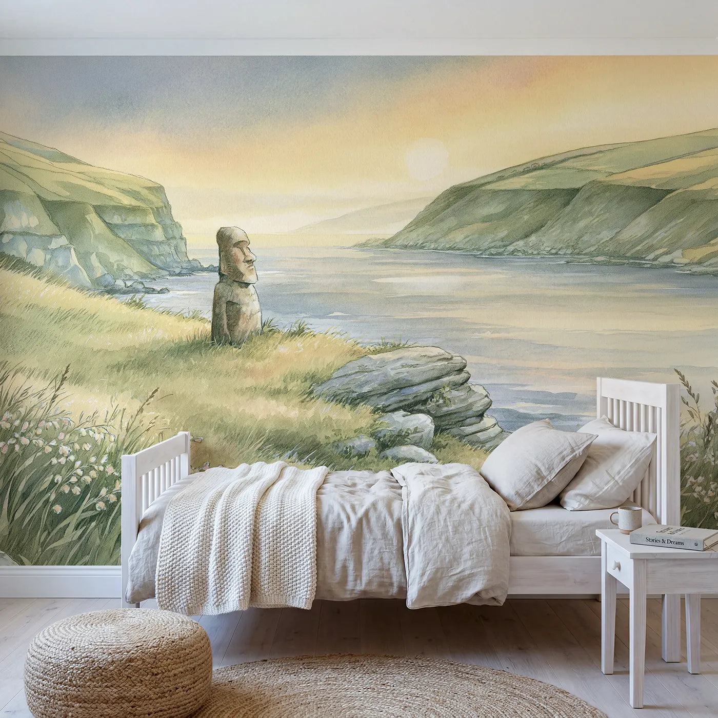 Watercolor wall mural of an Easter Island moai by Whimsy Tots