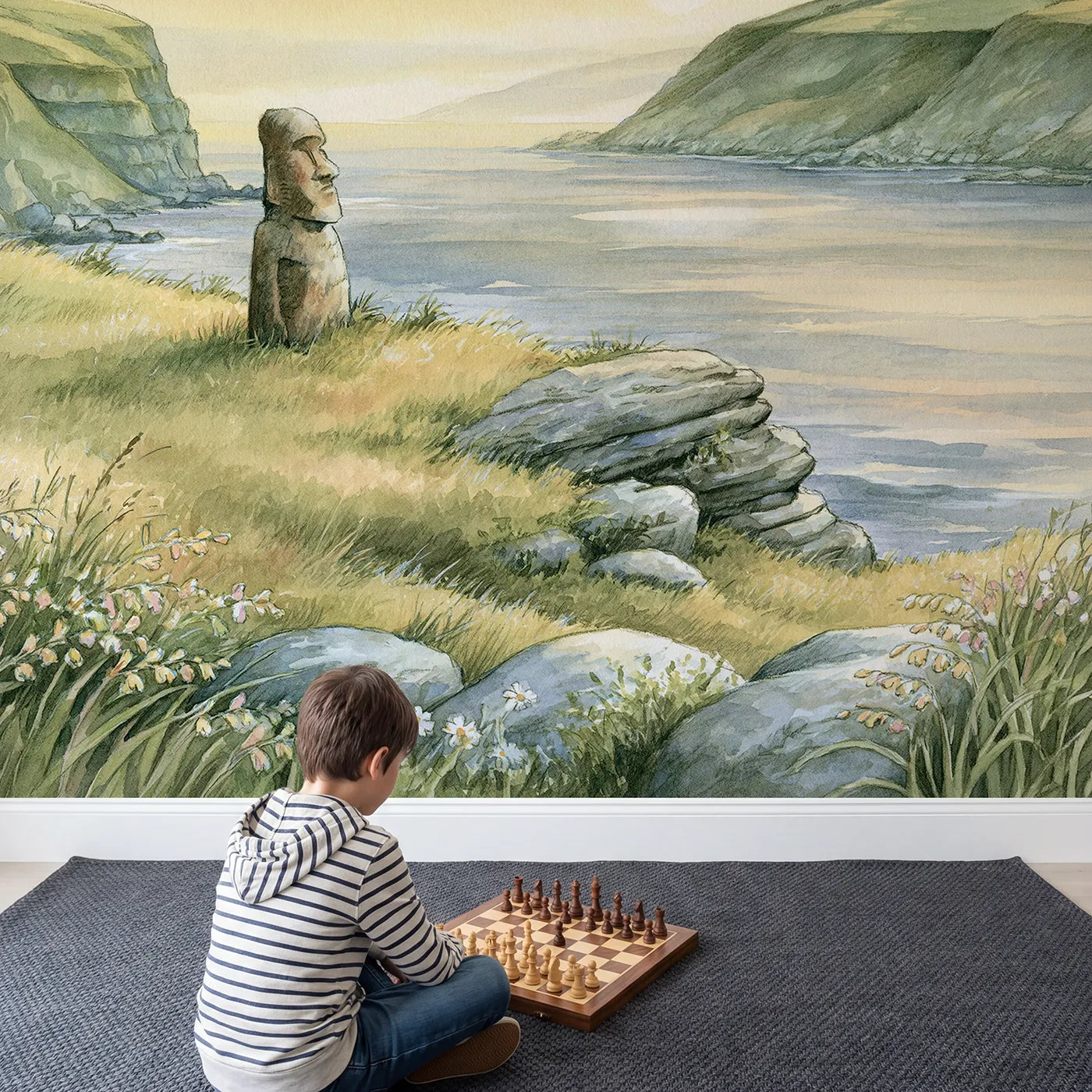 Child in nursery with Easter Island Moai Wallpaper Mural by Whimsy Tots