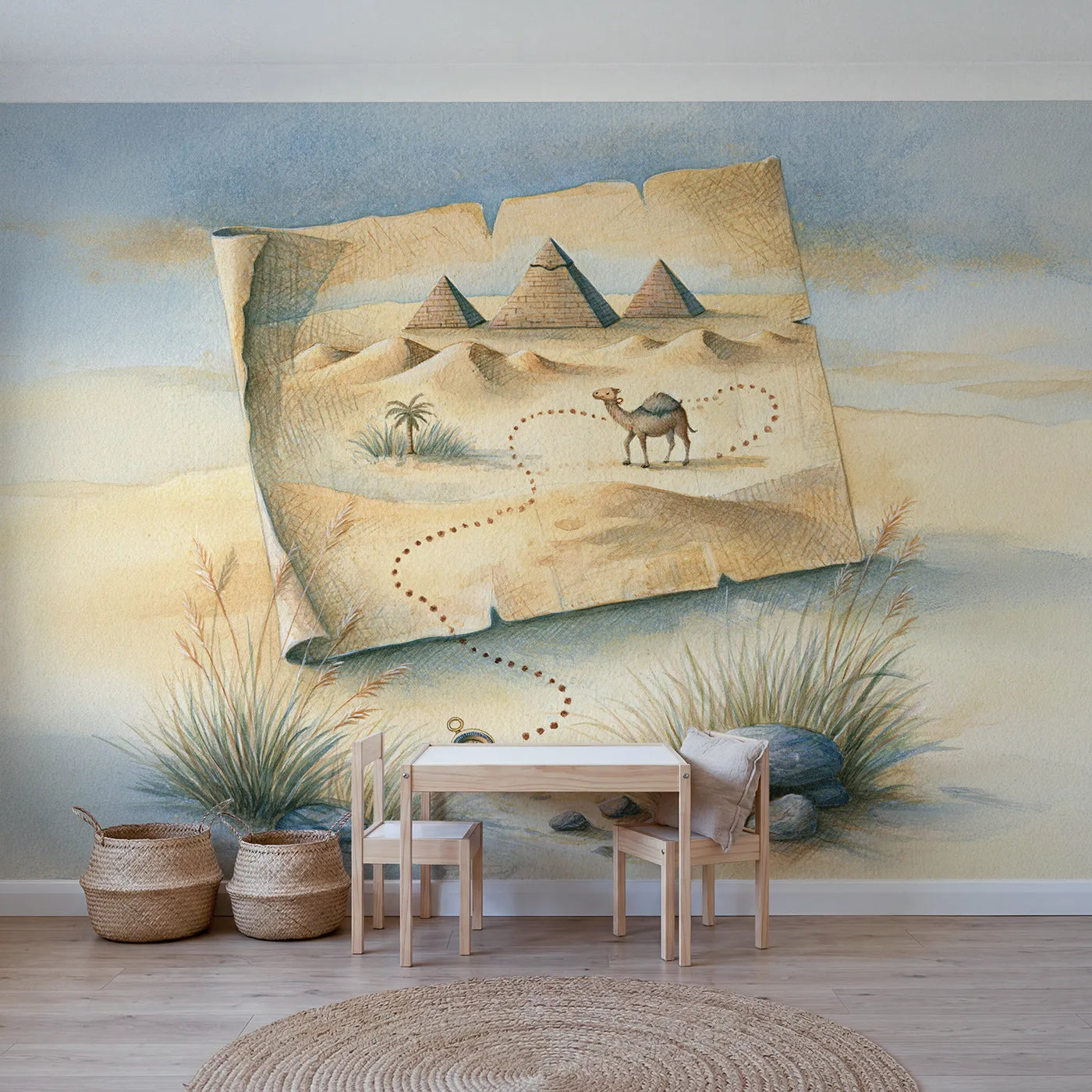 Watercolor wall mural of a pyramid quest map by Whimsy Tots