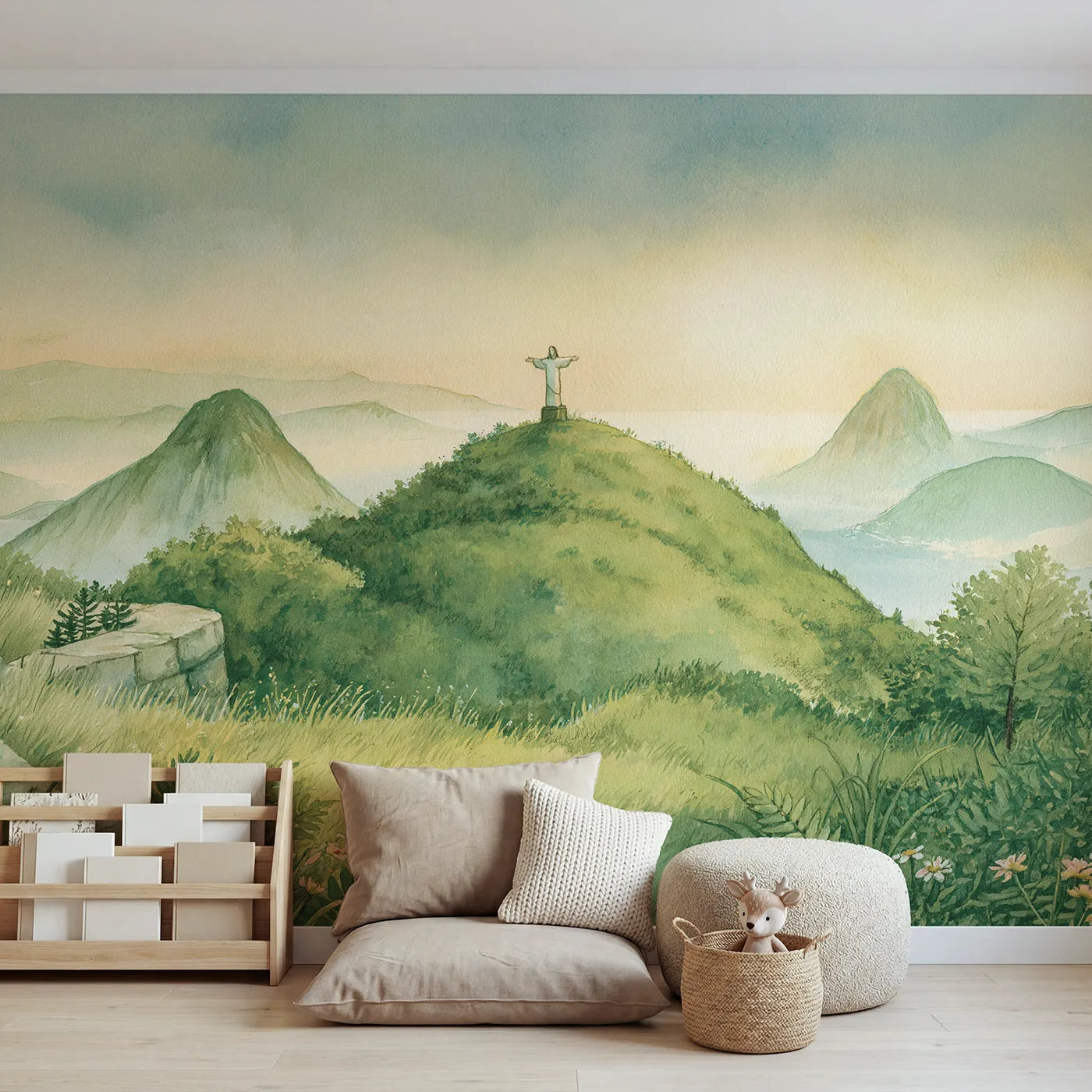 Watercolor wall mural of Christ the Redeemer by Whimsy Tots