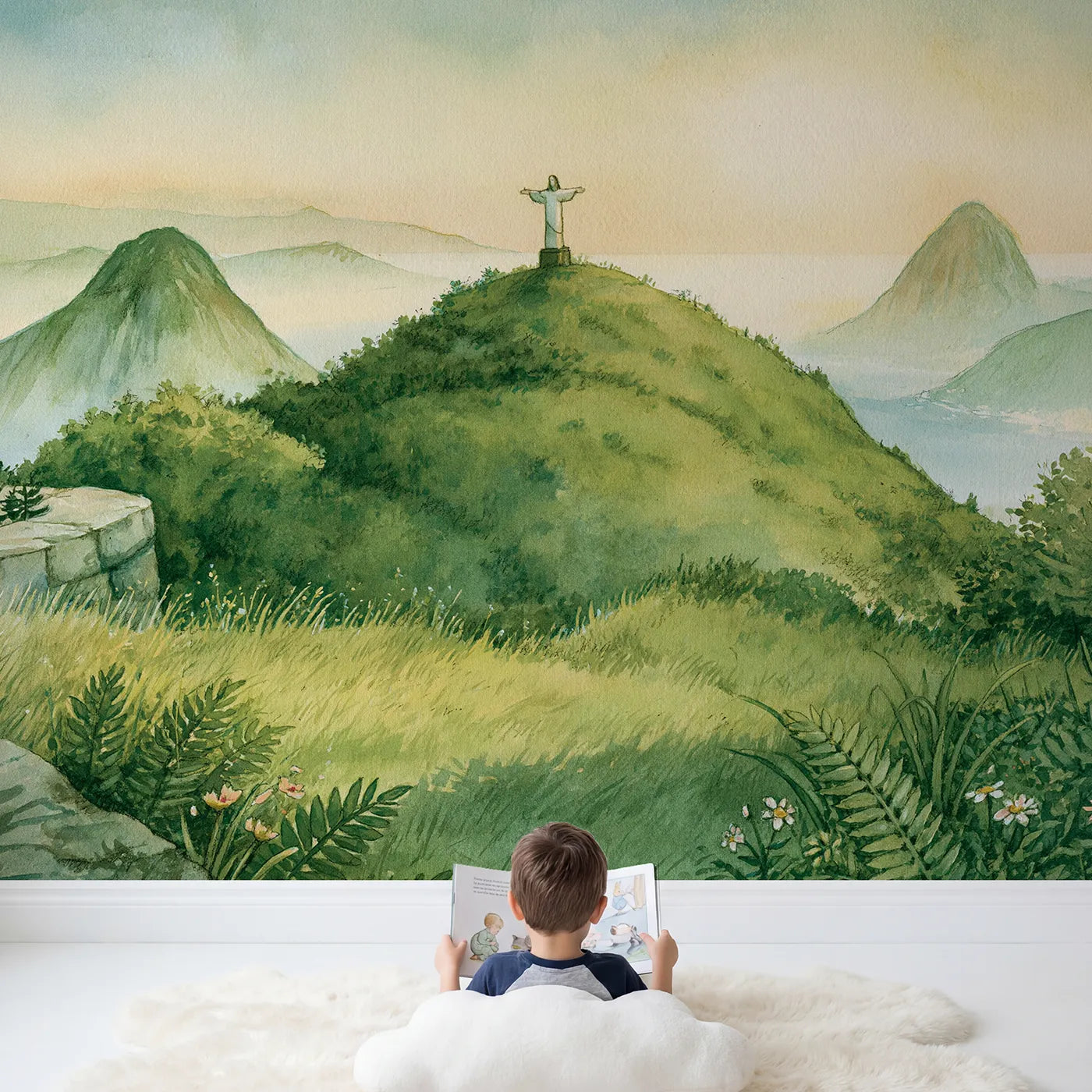 Child in nursery with Christ the Redeemer Wallpaper Mural by Whimsy Tots