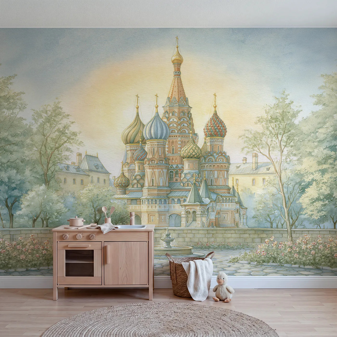 Watercolor wall mural of Saint Basils Cathedral by Whimsy Tots