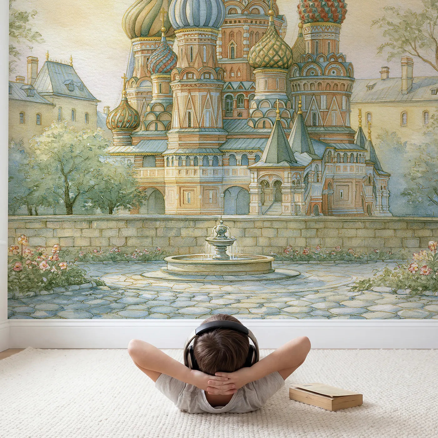 Child in nursery with Saint Basils Cathedral Wallpaper Mural by Whimsy Tots