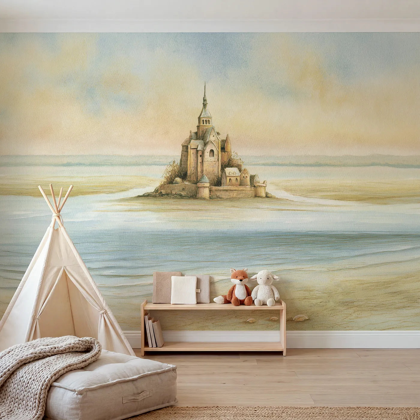 Watercolor wall mural of Mont Saint-Michel by Whimsy Tots