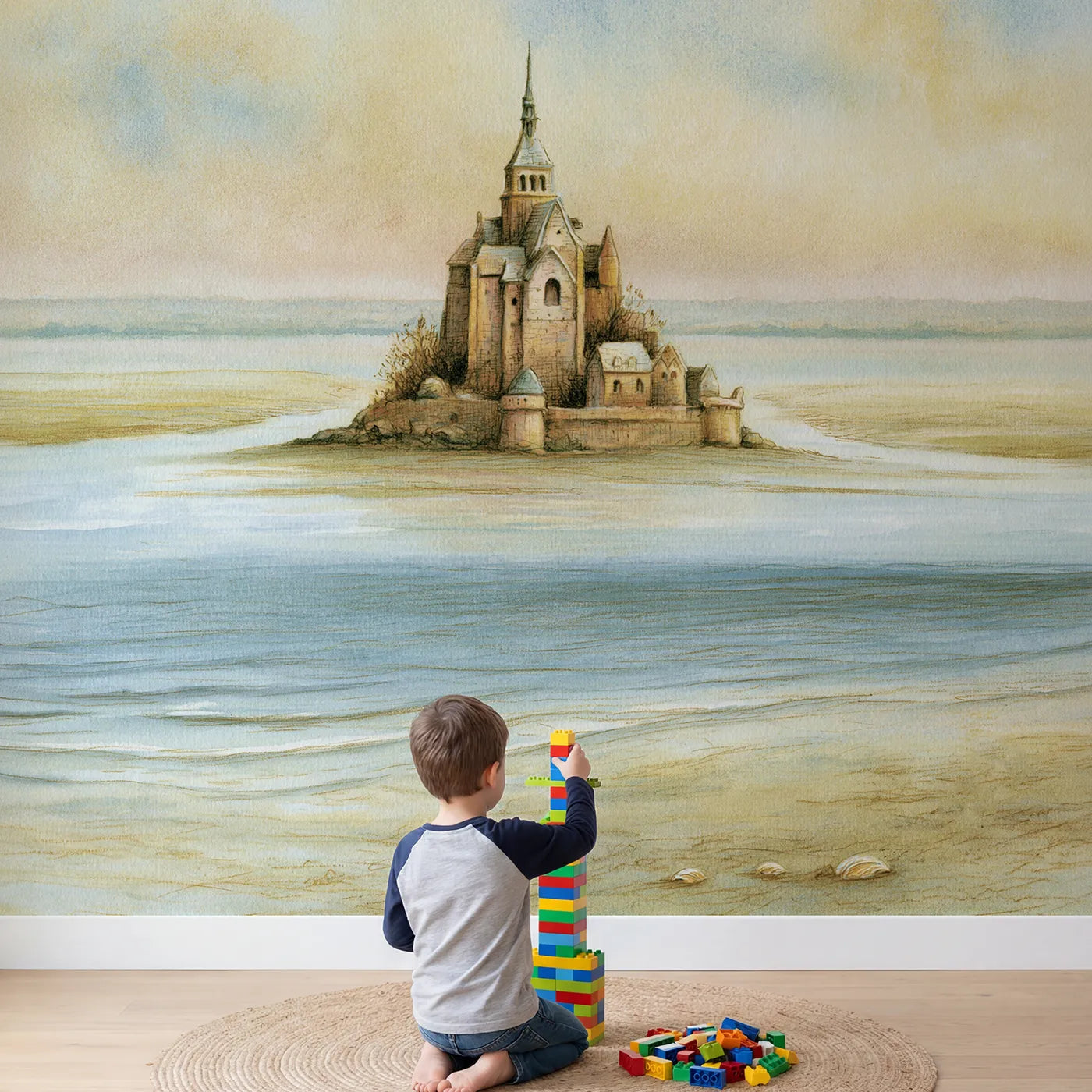 Child in nursery with Mont Saint-Michel Wallpaper Mural by Whimsy Tots