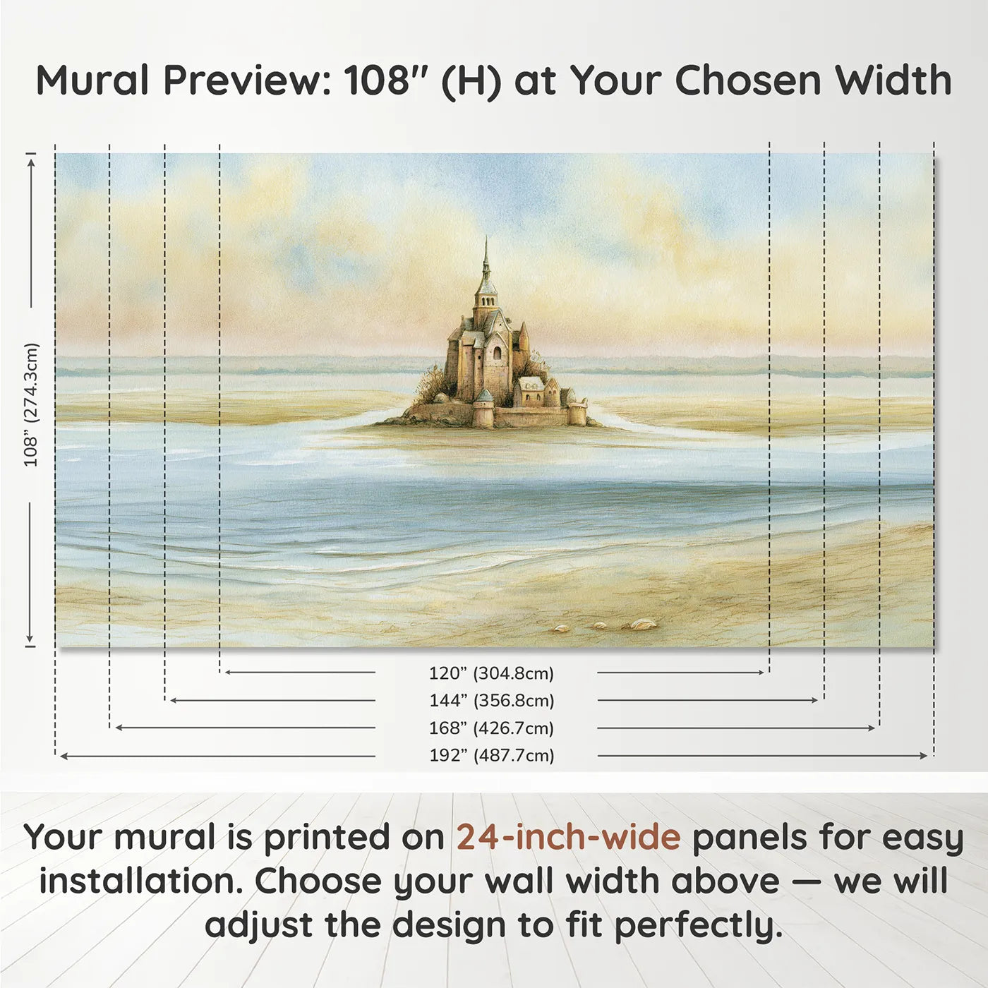 Panel layout and dimensions for Mont Saint-Michel Wallpaper Mural by Whimsy Tots