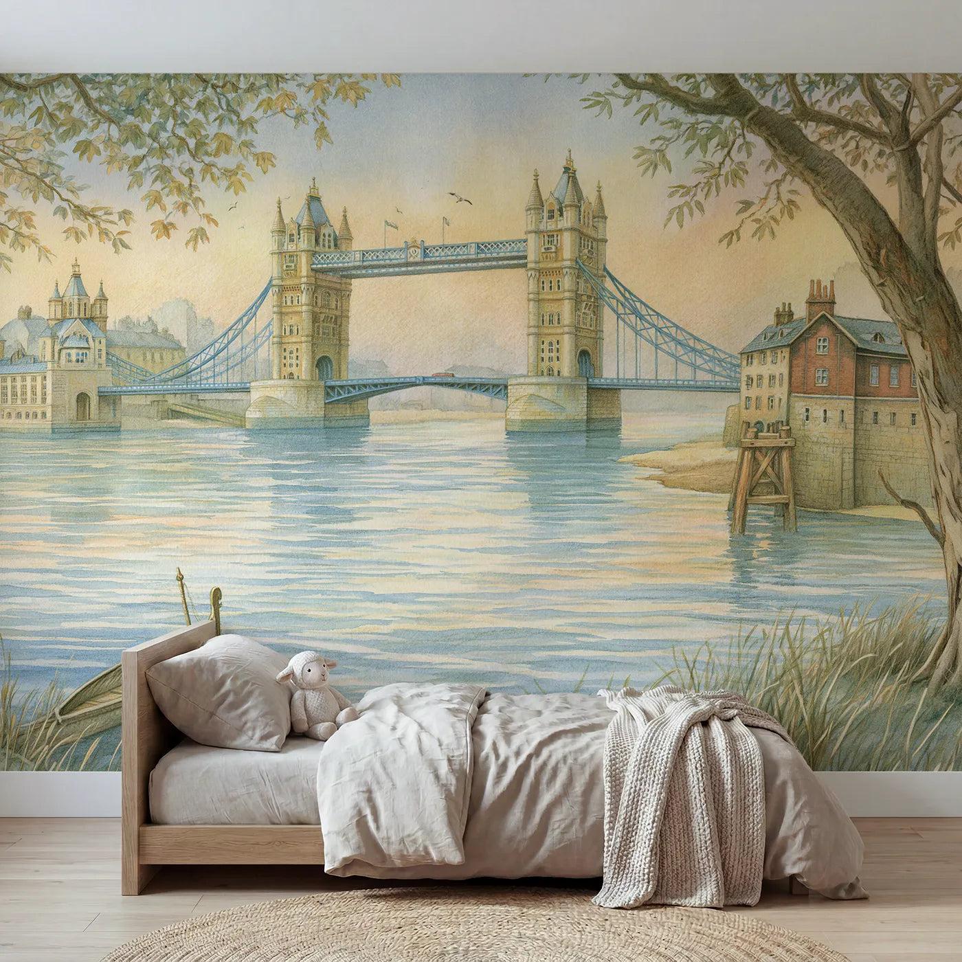 Watercolor wall mural of London Tower Bridge by Whimsy Tots