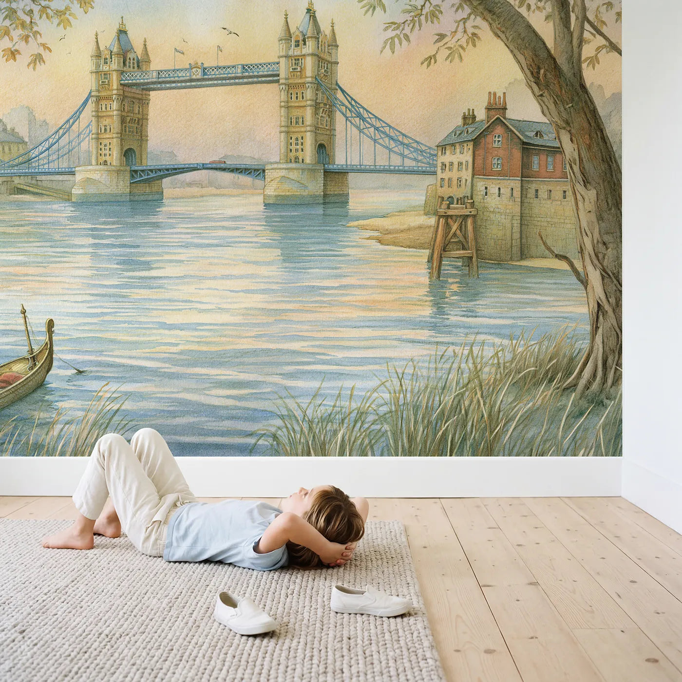 Child in nursery with London Tower Bridge Wallpaper Mural by Whimsy Tots