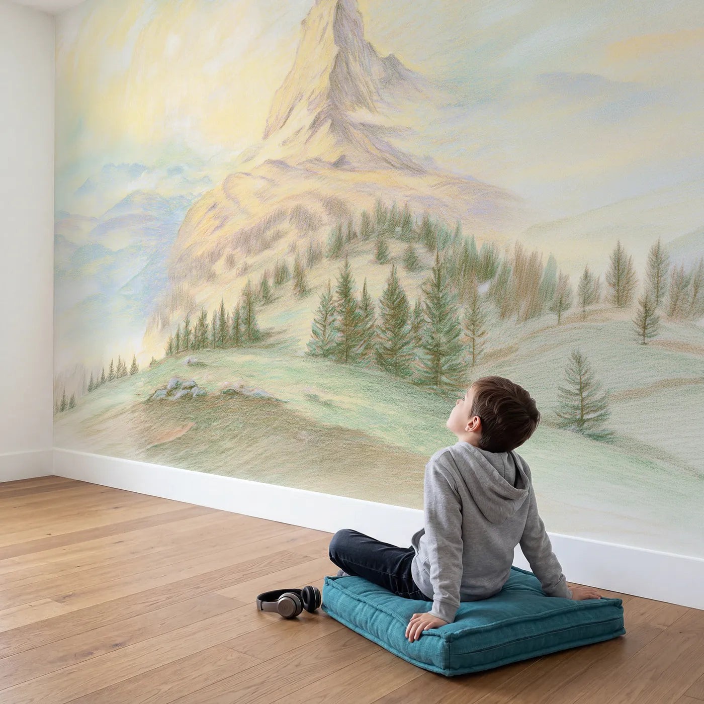 Child in nursery with Matterhorn Peak Wallpaper Mural by Whimsy Tots