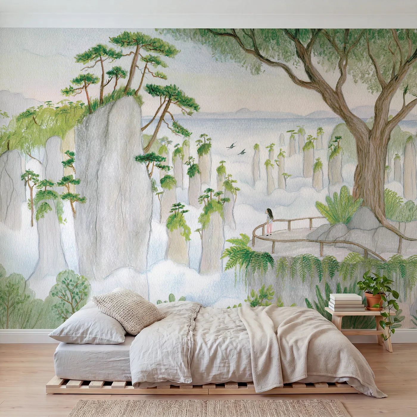 Colored Pencil stone pillars rising from a sea of cloud, mural for a shared kids room by Whimsy Tots