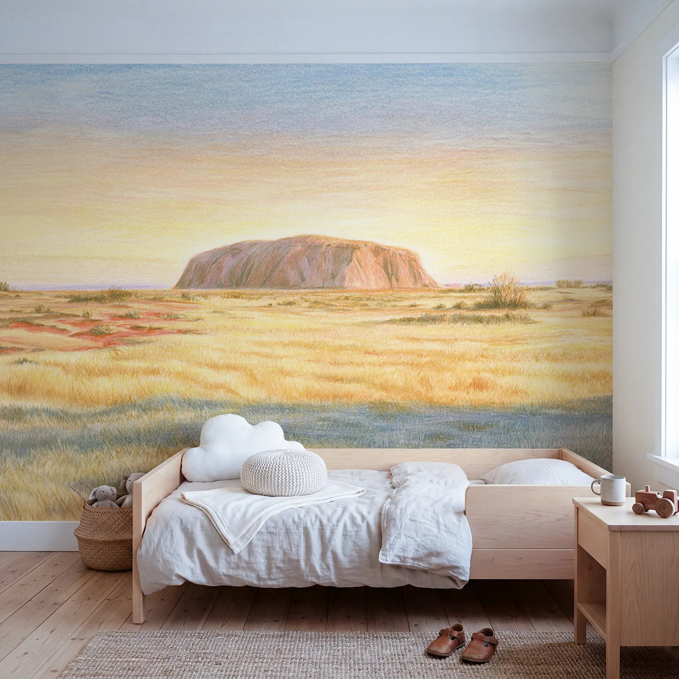 Colored-pencil wall mural of Uluru on warm plains by Whimsy Tots