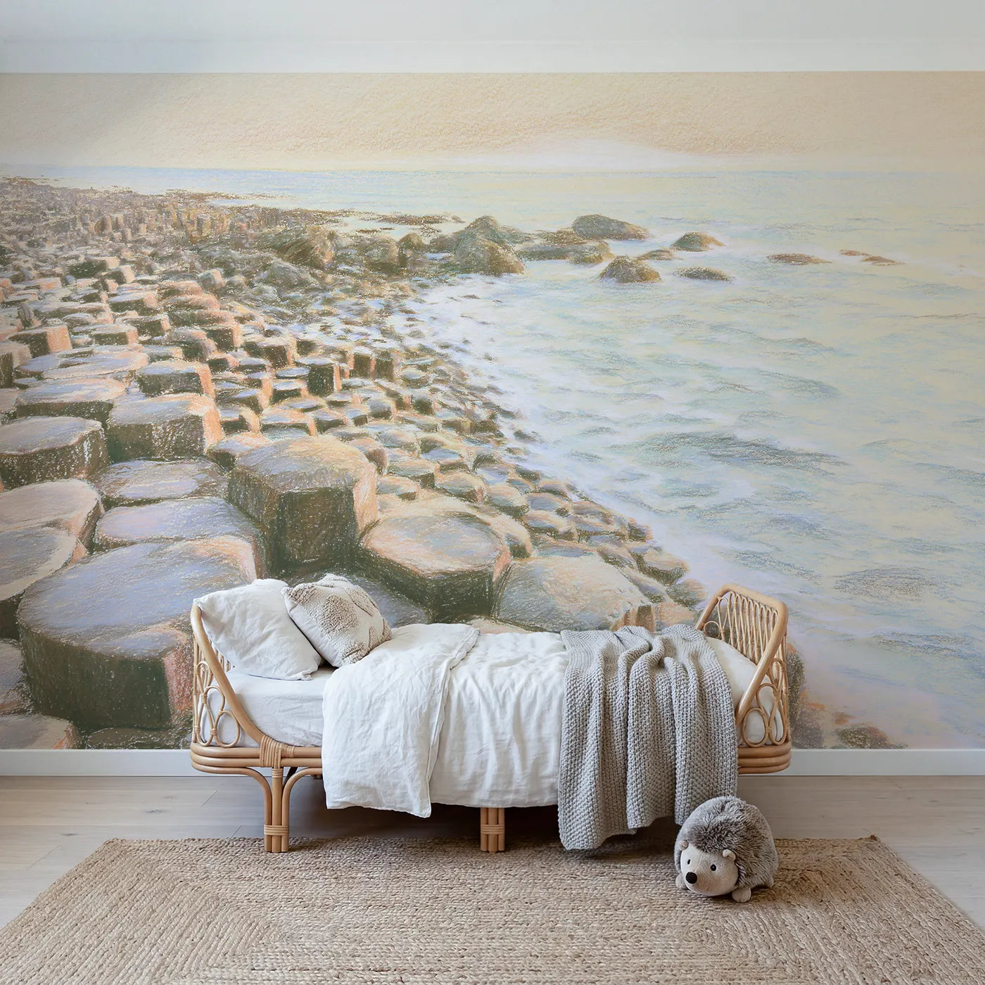 Colored-pencil wall mural of the Giants Causeway by Whimsy Tots