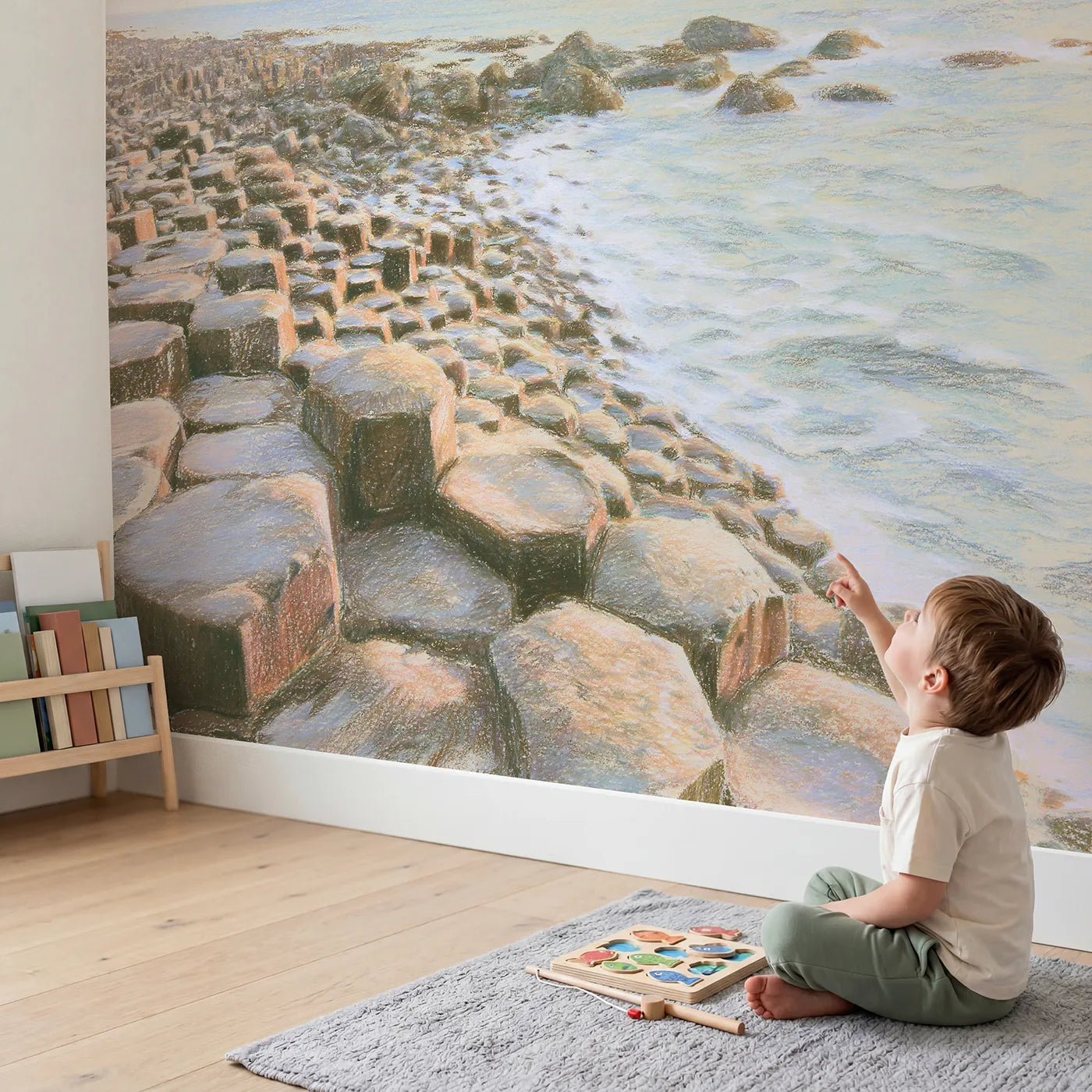 Child in nursery with Giants Causeway Wallpaper Mural by Whimsy Tots