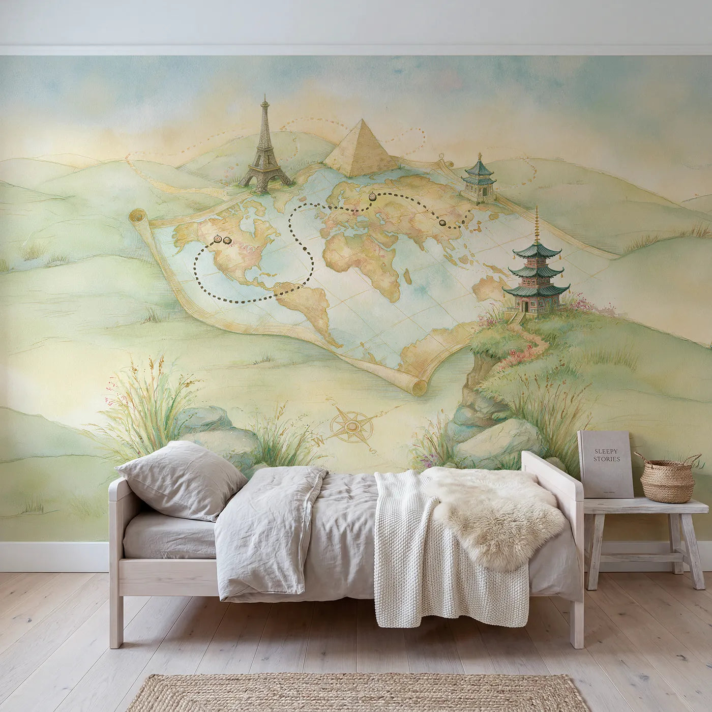 Watercolor wall mural of a world wonders map by Whimsy Tots