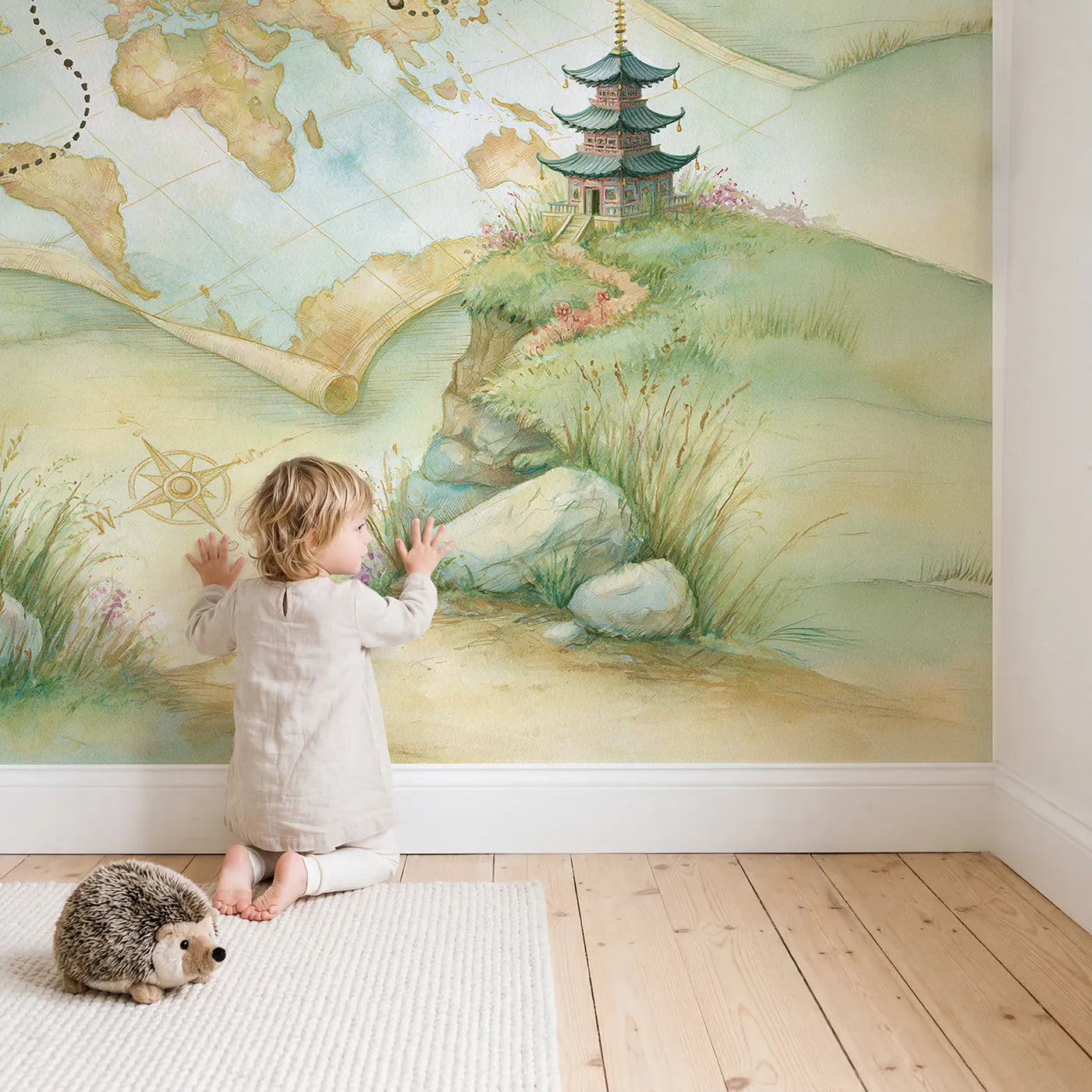 Child in nursery with World Wonders Map Wallpaper Mural by Whimsy Tots