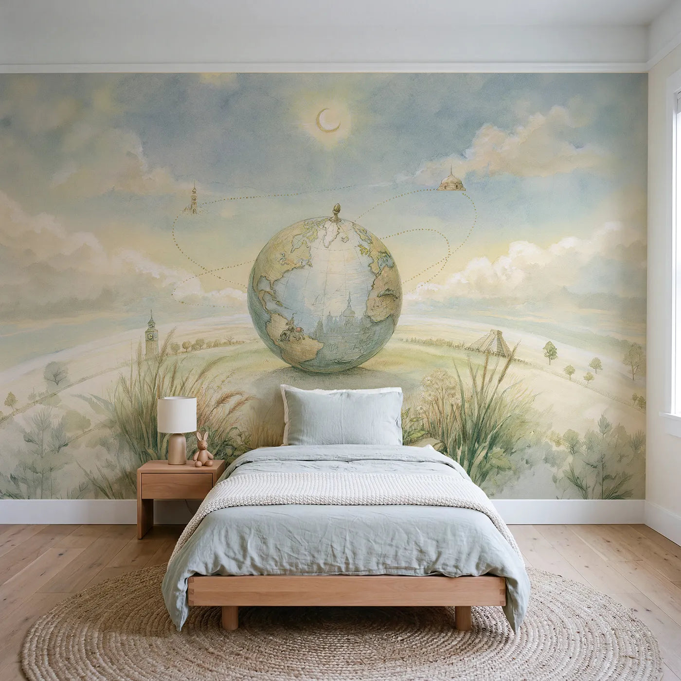 Watercolor wall mural of a vintage ringed globe by Whimsy Tots