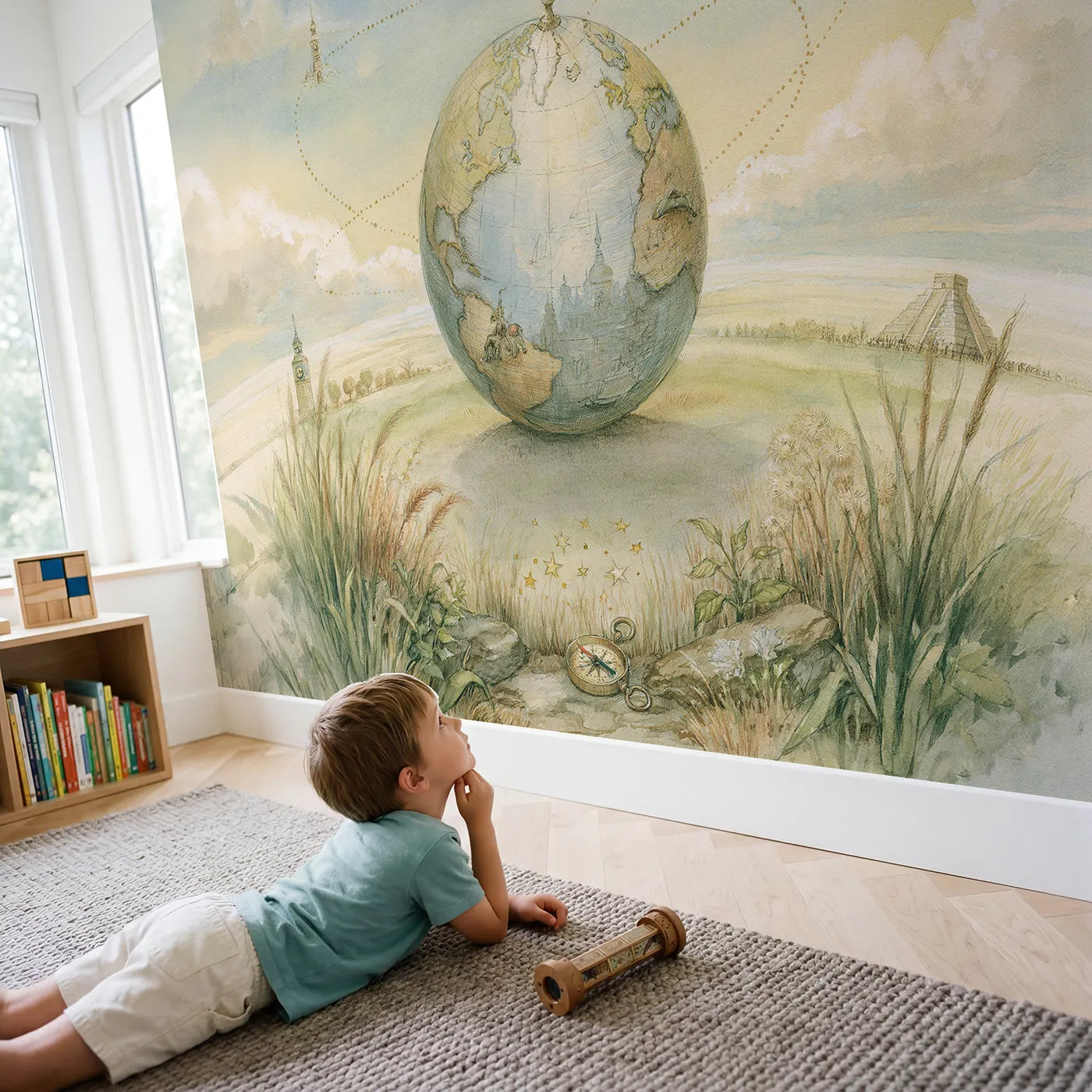 Child in nursery with Vintage World Globe Wallpaper Mural by Whimsy Tots