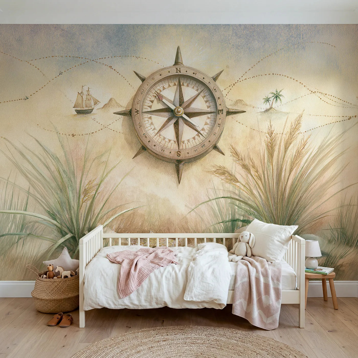 Watercolor wall mural of a grand compass rose by Whimsy Tots