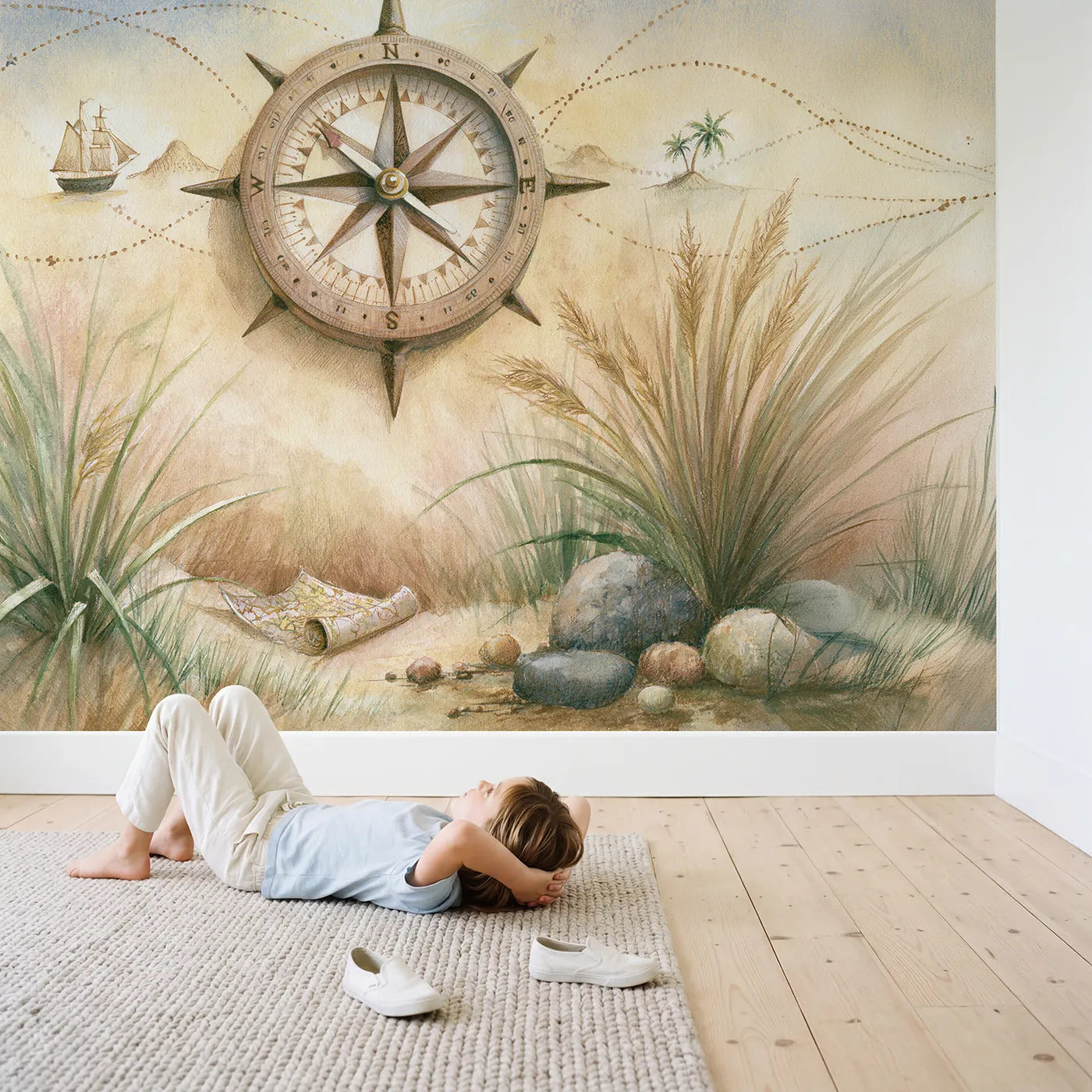 Child in nursery with Grand Compass Map Wallpaper Mural by Whimsy Tots