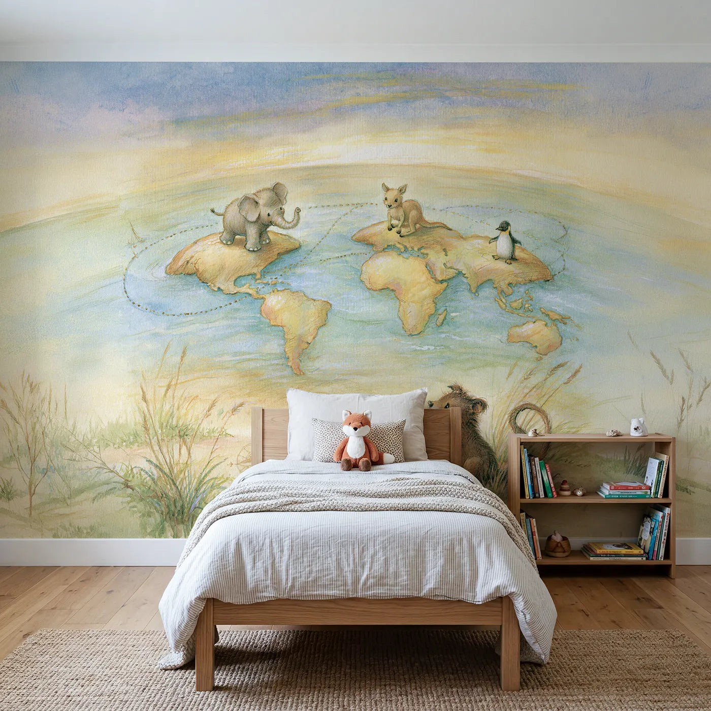 Watercolor wall mural of a continents and animals map by Whimsy Tots