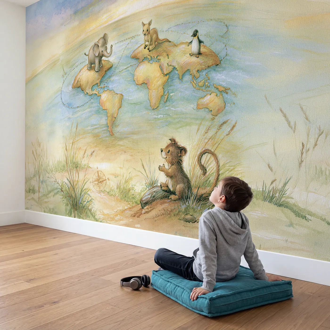 Child in nursery with Seven Continents Map Wallpaper Mural by Whimsy Tots