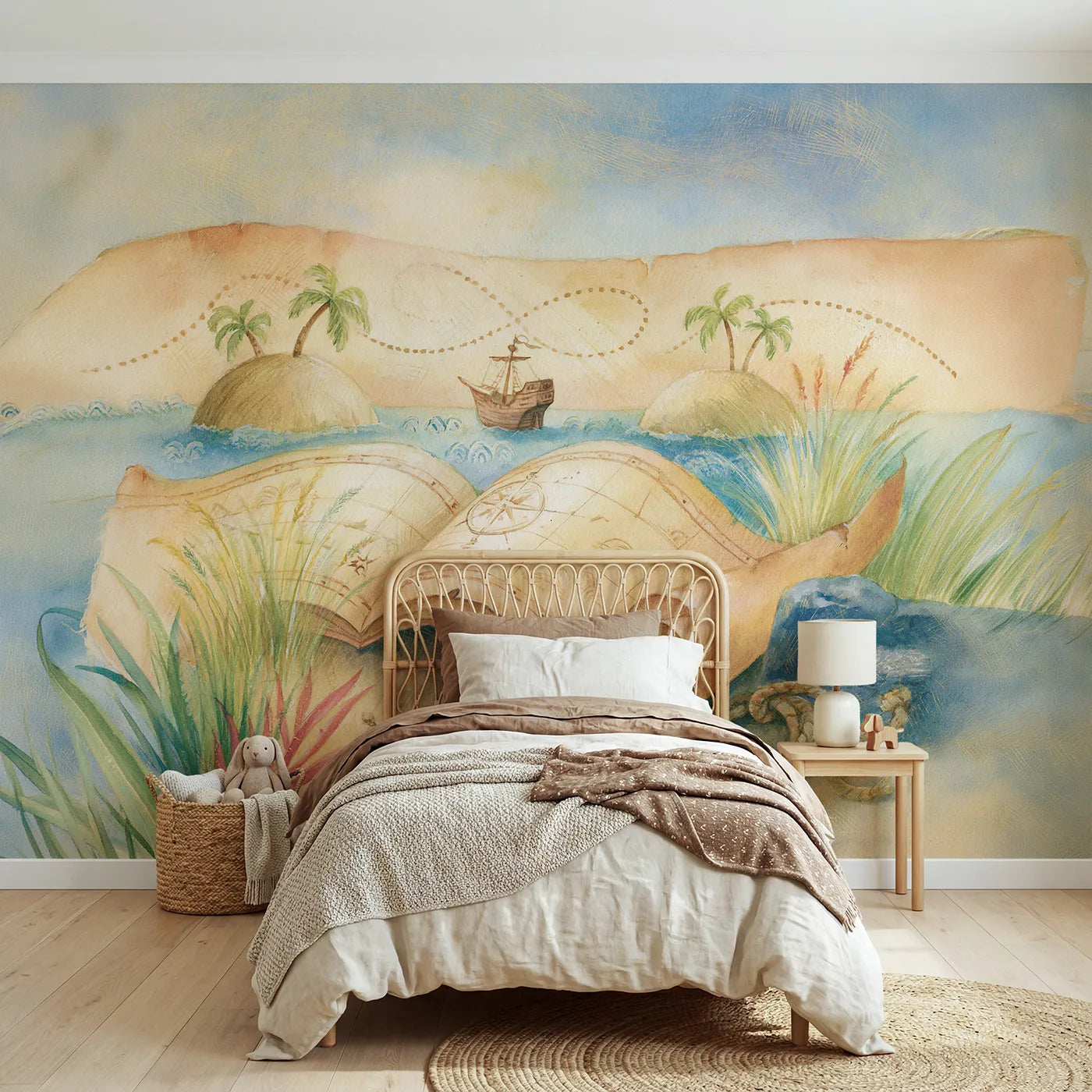 Watercolor wall mural of a great voyage sea chart by Whimsy Tots