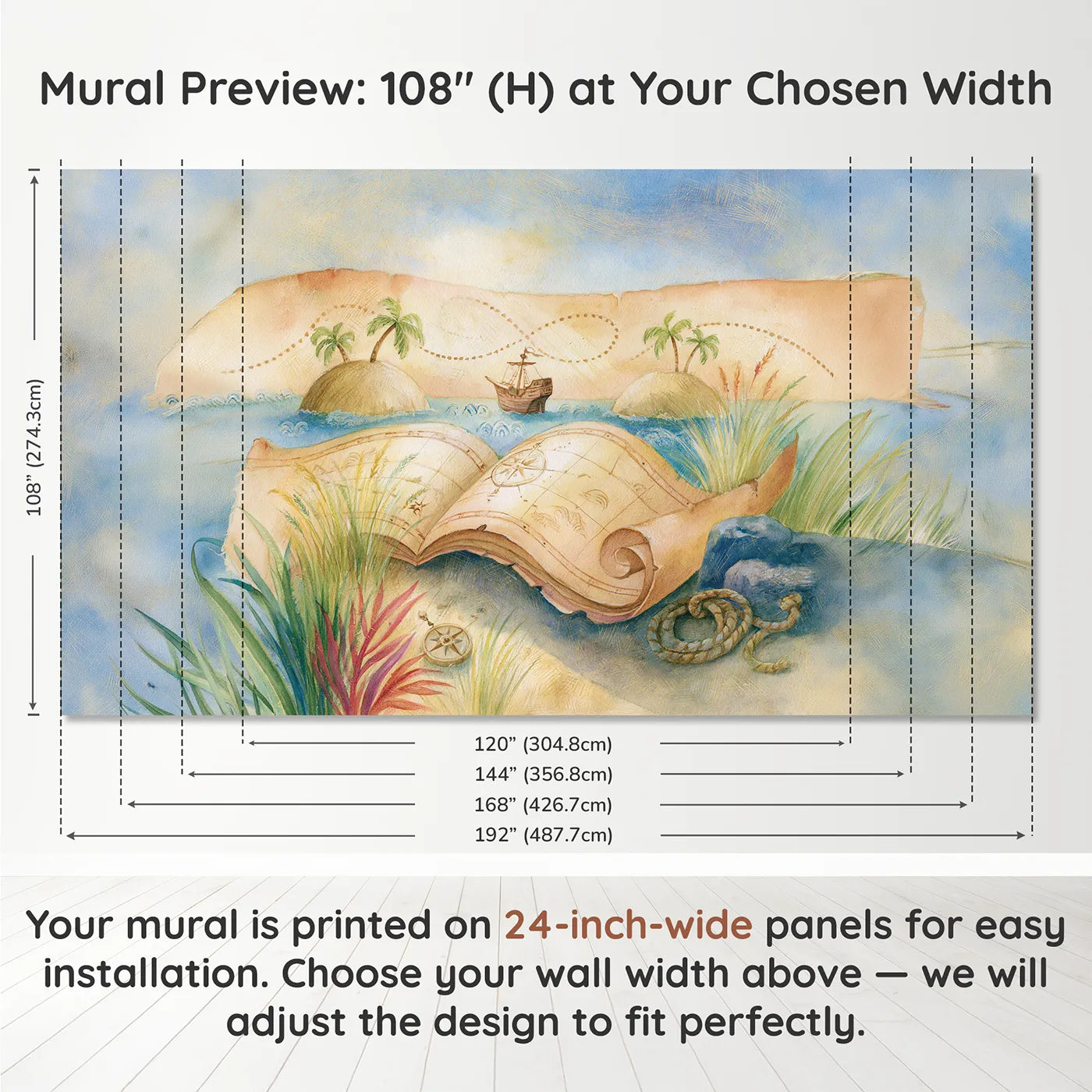Panel layout and dimensions for Great Voyage Map Wallpaper Mural by Whimsy Tots