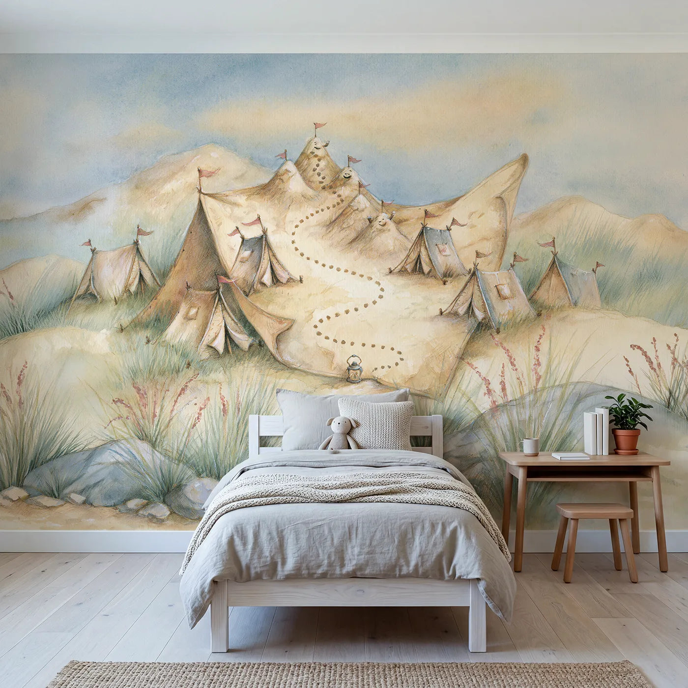 Watercolor wall mural of an explorer trail map by Whimsy Tots