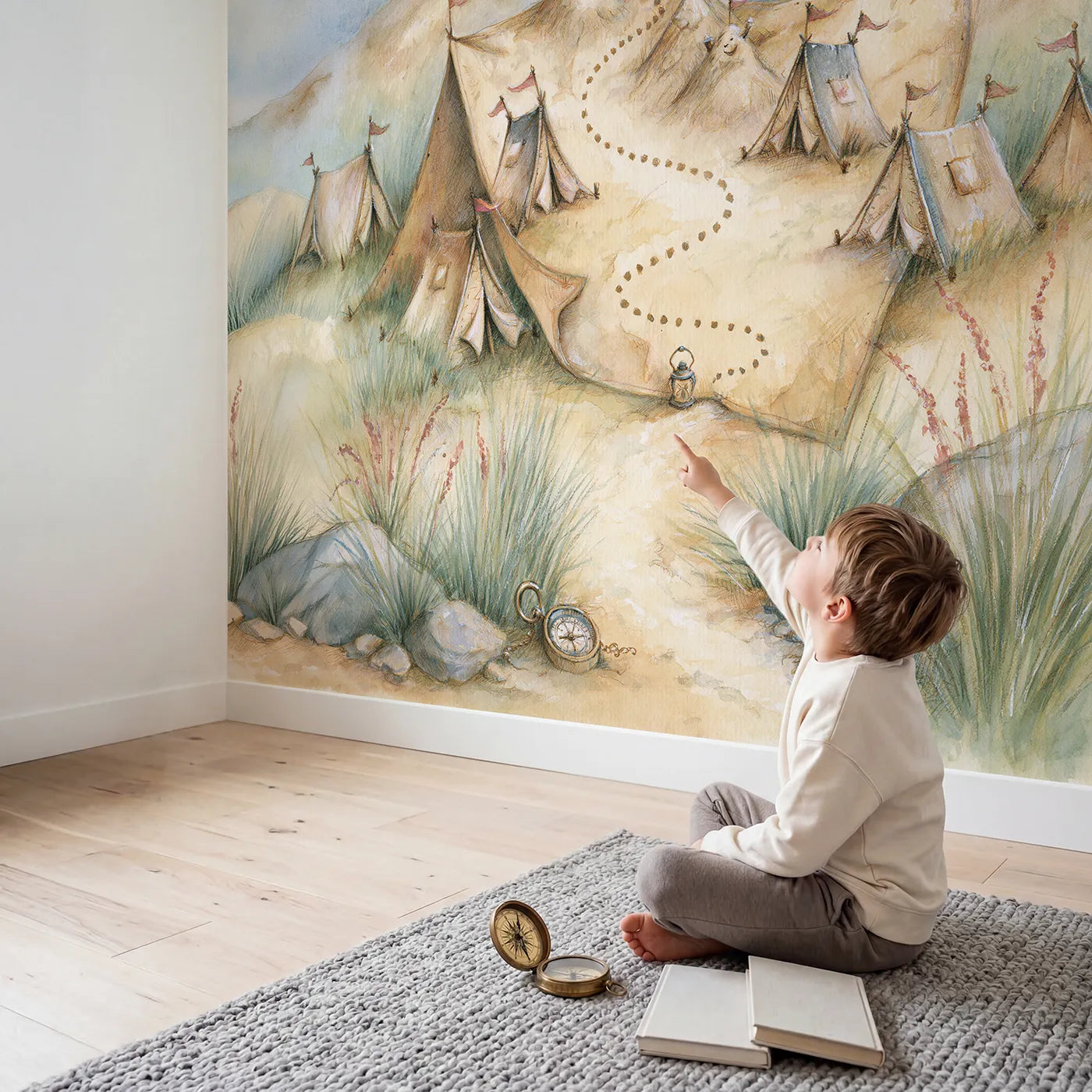 Child in nursery with Explorer Trail Map Wallpaper Mural by Whimsy Tots