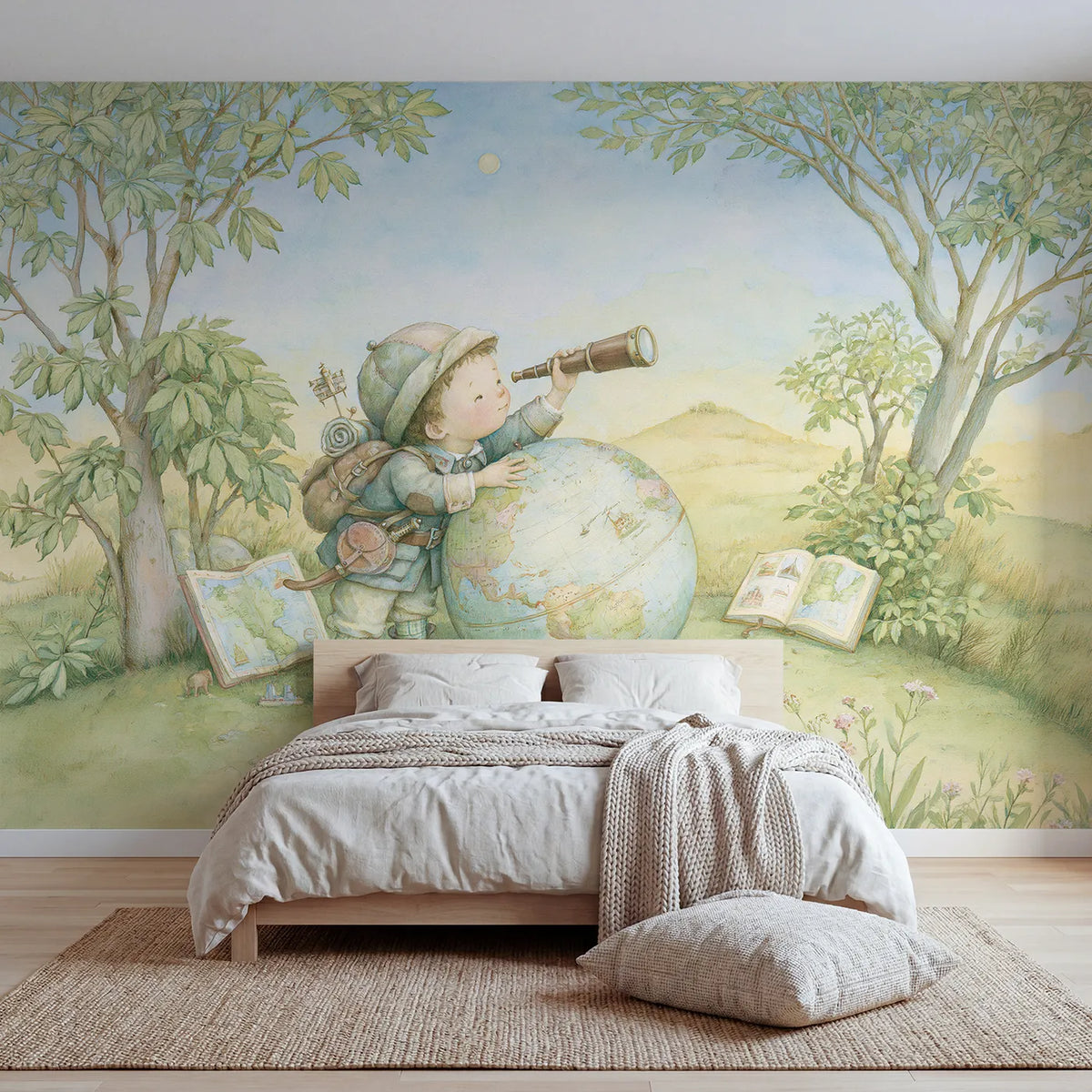 Storybook wall mural of a little world explorer by Whimsy Tots