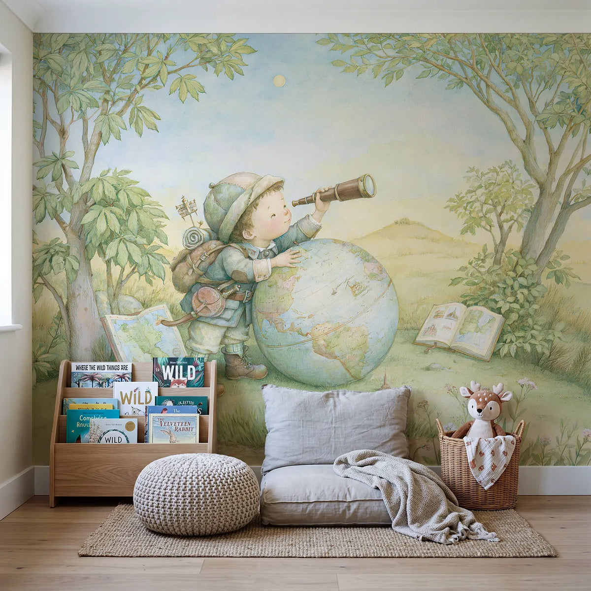 Little World Explorer Wallpaper Mural in playroom setting by Whimsy Tots