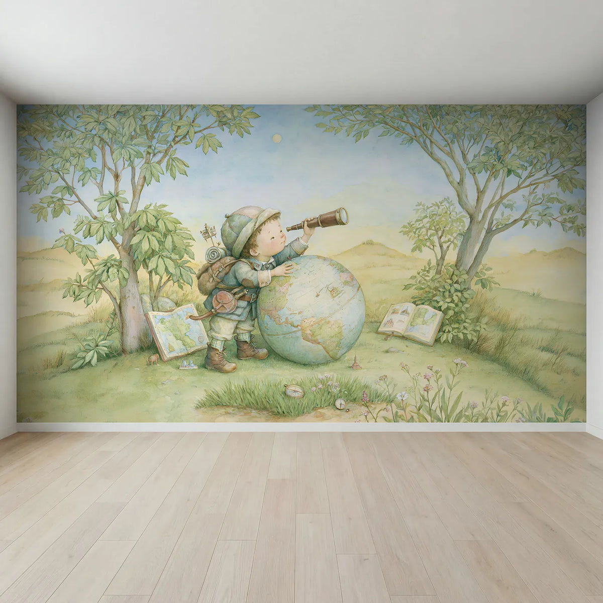 Full view of Little World Explorer Wallpaper Mural by Whimsy Tots